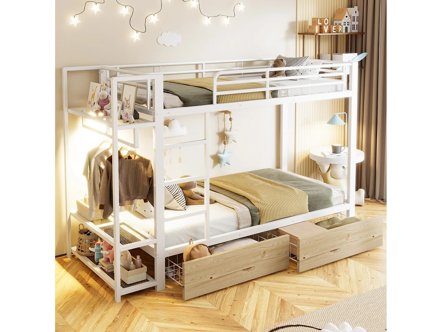Lit superposé 90x200 cm avec bandeau LED et 2 tiroirs, rangements, barre à vêtements - métal - Blanc