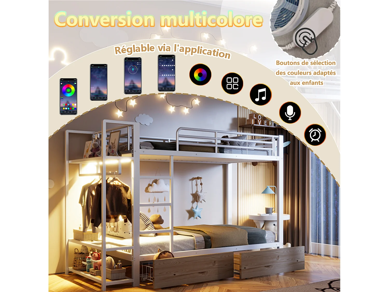 Lit superposé 90x200 cm avec bandeau LED et 2 tiroirs, rangements, barre à vêtements - métal - Blanc