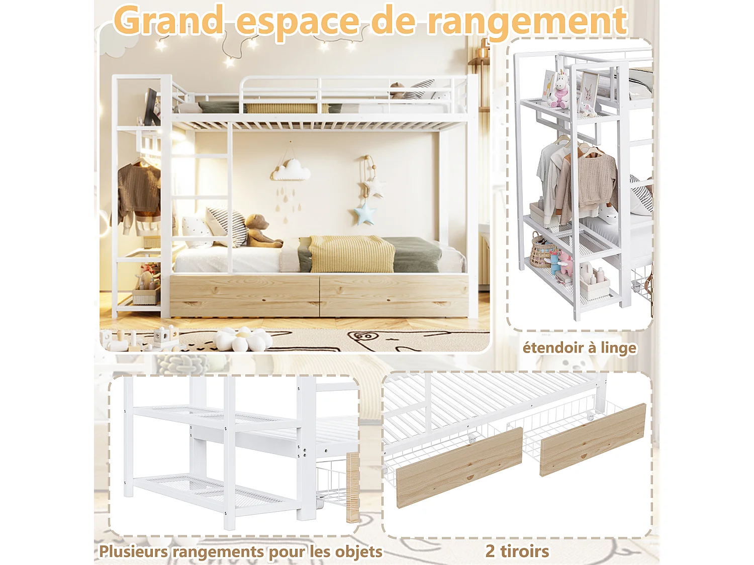Lit superposé 90x200 cm avec bandeau LED et 2 tiroirs, rangements, barre à vêtements - métal - Blanc