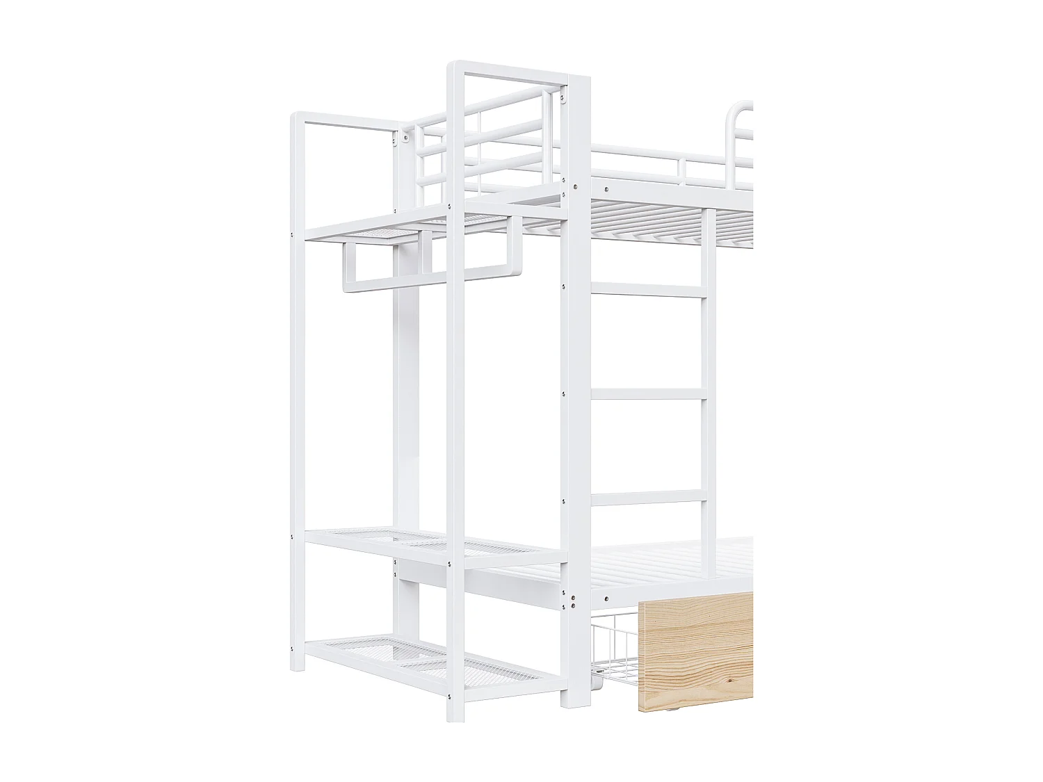 Lit superposé 90x200 cm avec bandeau LED et 2 tiroirs, rangements, barre à vêtements - métal - Blanc