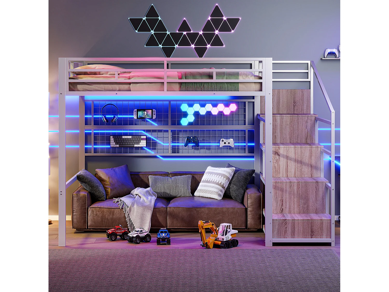Lit Mezzanine 140x200cm - Avec Armoire et Échelle Rangement - Grille de Suspension - Espace Libre Sous Lit - Éclairage LED 7 Couleurs - Blanc