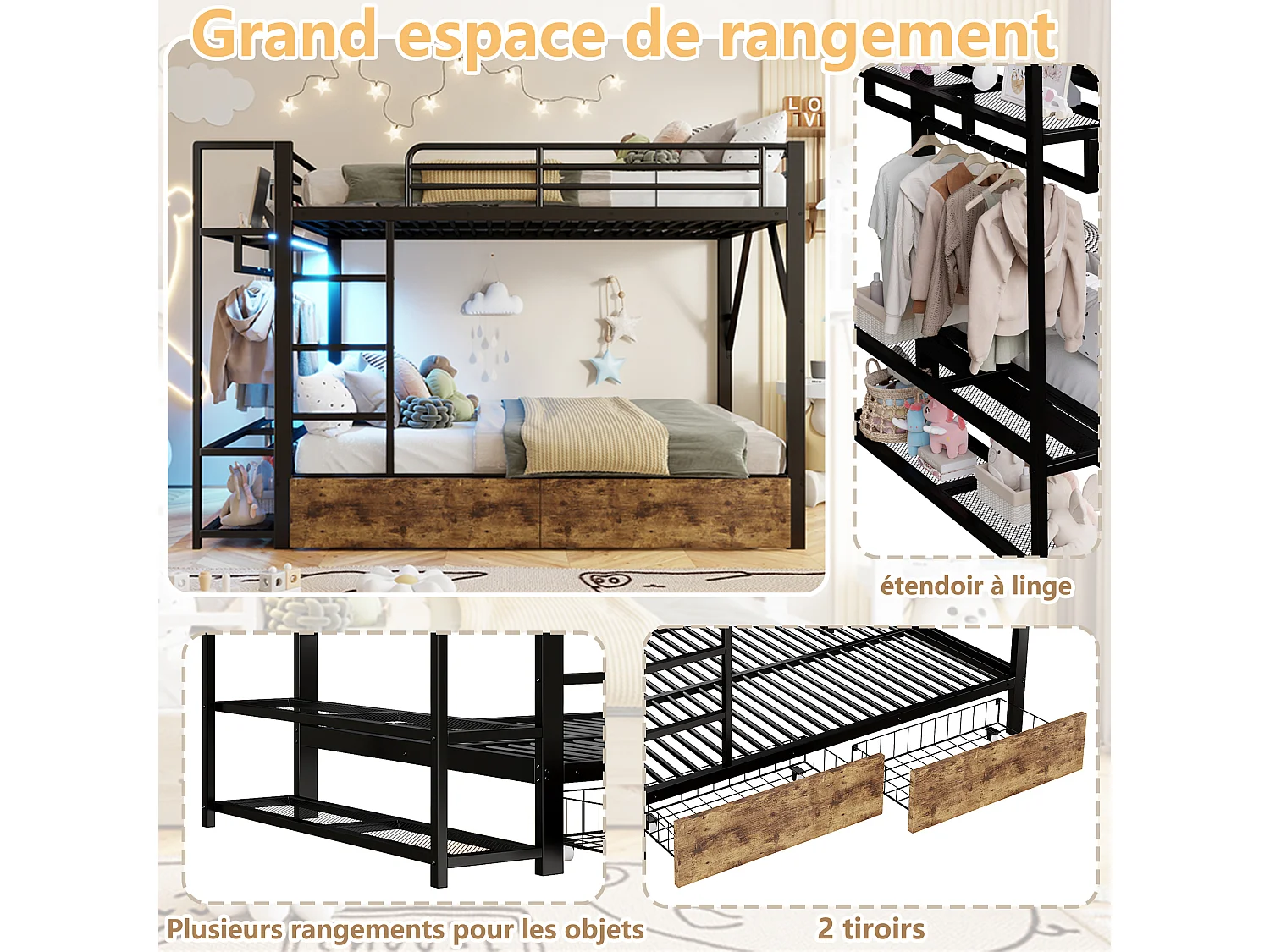 Lit superposé 140x200 cm avec bandeau LED et 2 tiroirs, rangements, barre à vêtements - métal - Noir