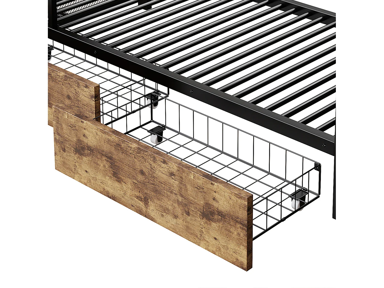 Lit superposé 140x200 cm avec bandeau LED et 2 tiroirs, rangements, barre à vêtements - métal - Noir