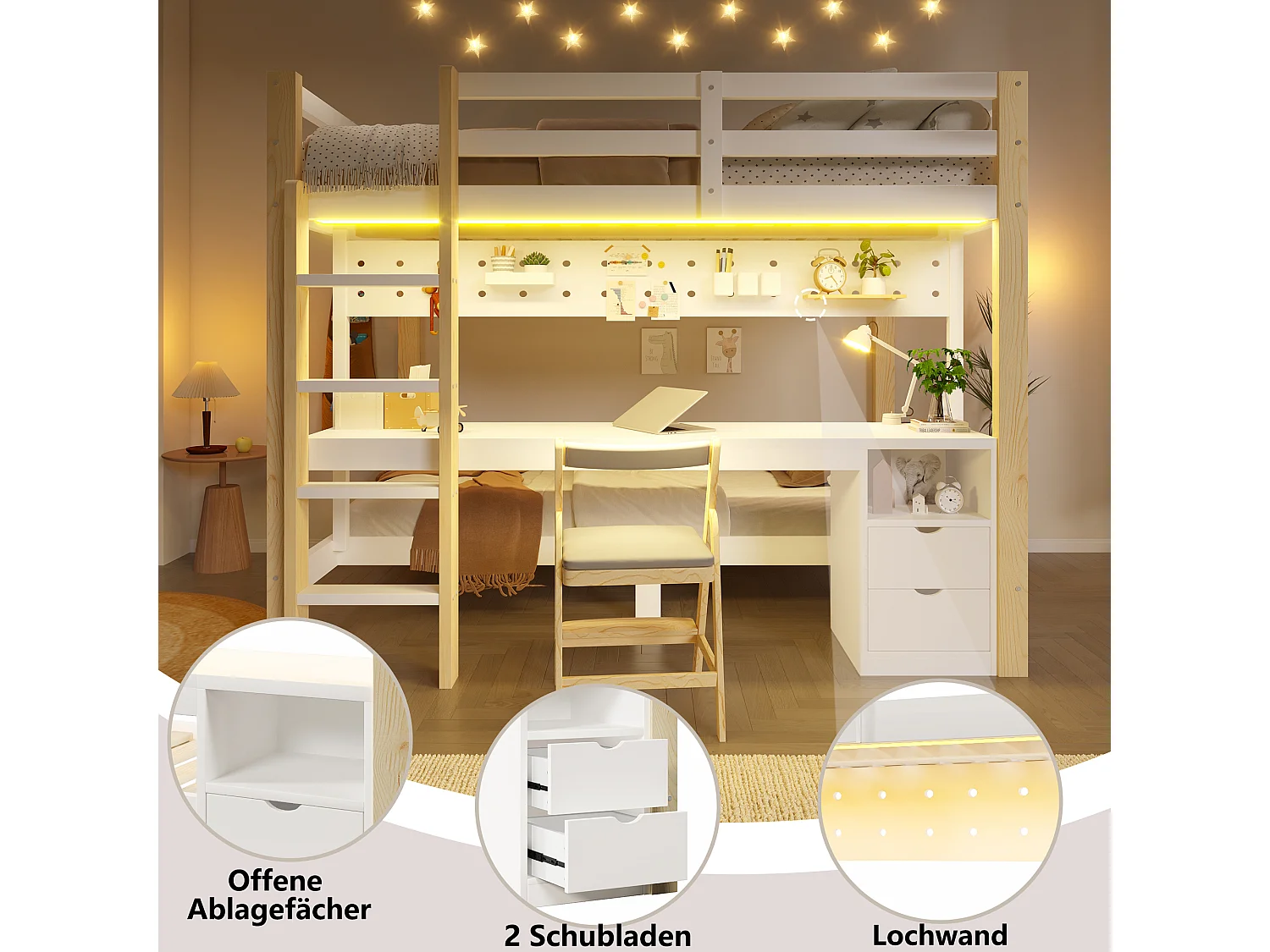 Lit mezzanine en pin 90x200 et 140x200 cm avec bureau, tiroirs, panneau perforé, éclairage LED, sans matelas