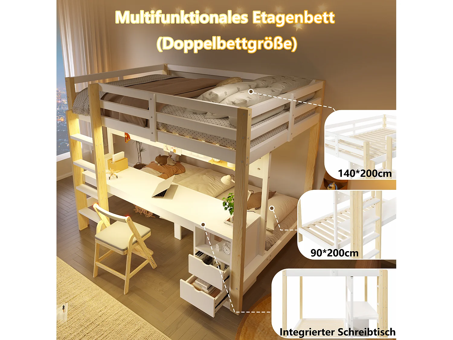 Lit mezzanine en pin 90x200 et 140x200 cm avec bureau, tiroirs, panneau perforé, éclairage LED, sans matelas