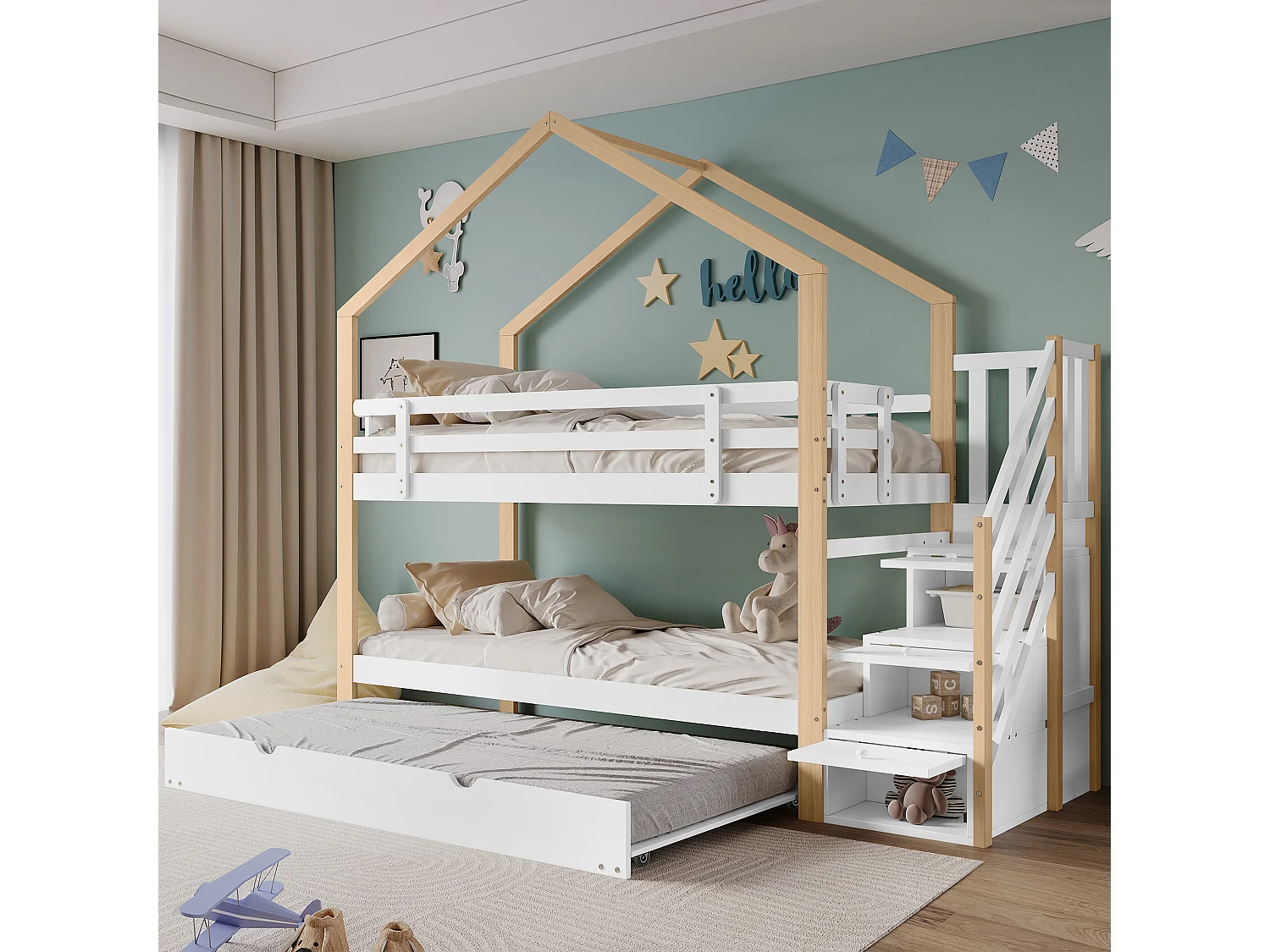 Lit superposé cabane enfant 90x200 cm avec lit gigogne 90x190 cm, escalier 3 tiroirs, barrières de sécurité et sommiers, naturel/blanc