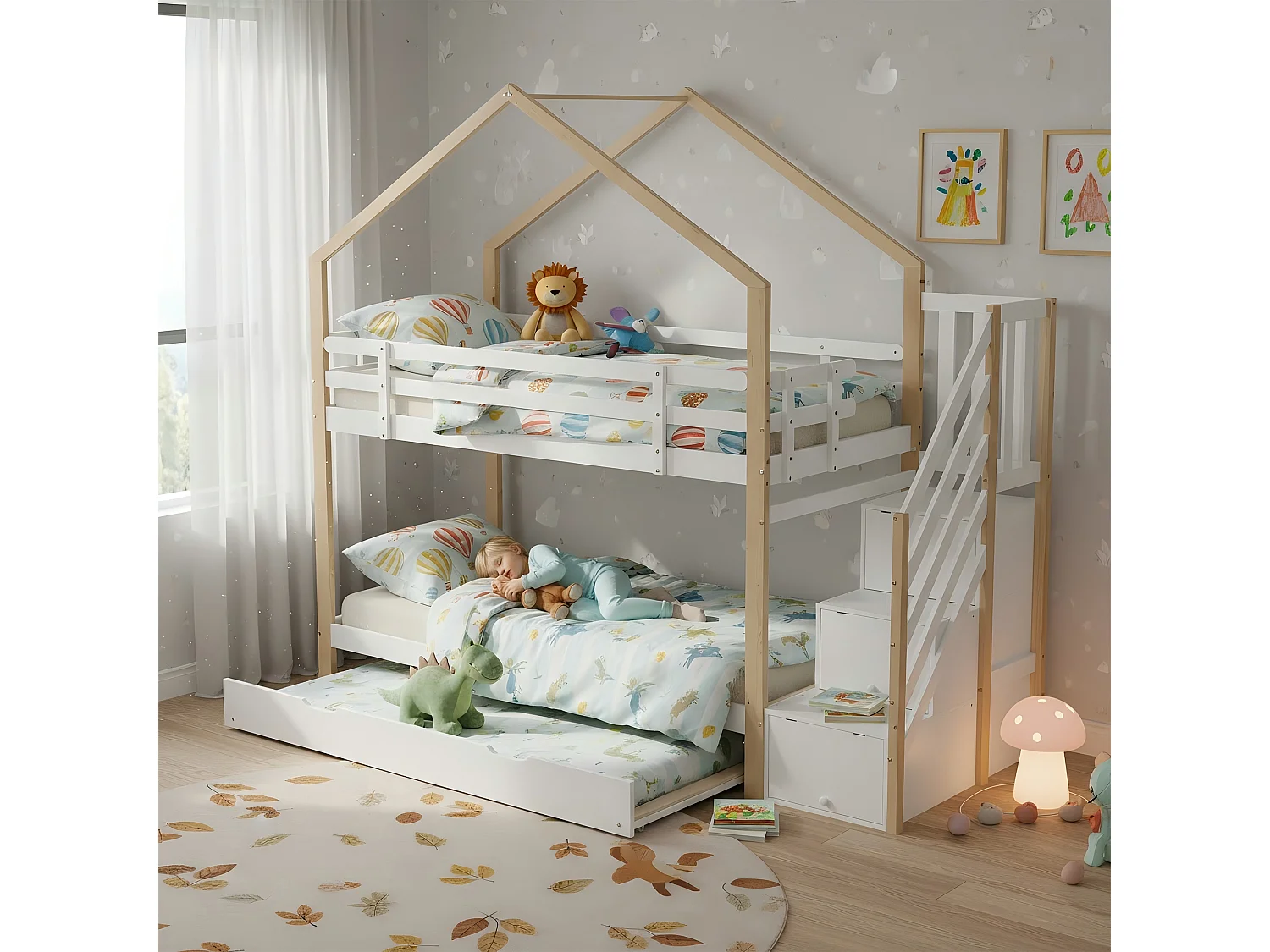 Lit superposé cabane enfant 90x200 cm avec lit gigogne 90x190 cm, escalier 3 tiroirs, barrières de sécurité et sommiers, naturel/blanc