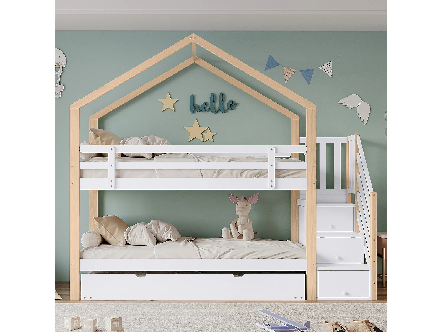 Lit superposé cabane enfant 90x200 cm avec lit gigogne 90x190 cm, escalier 3 tiroirs, barrières de sécurité et sommiers, naturel/blanc
