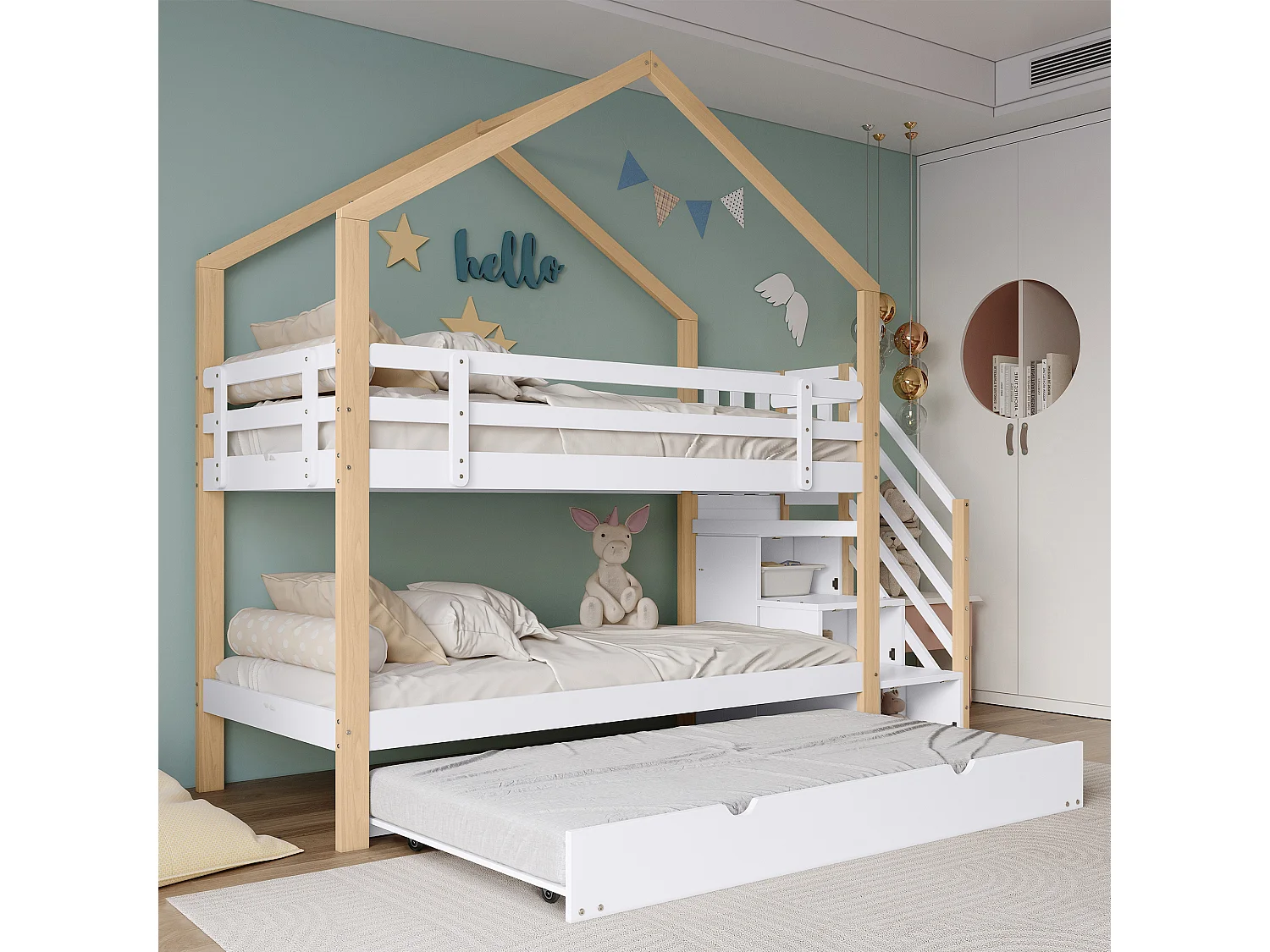 Lit superposé cabane enfant 90x200 cm avec lit gigogne 90x190 cm, escalier 3 tiroirs, barrières de sécurité et sommiers, naturel/blanc