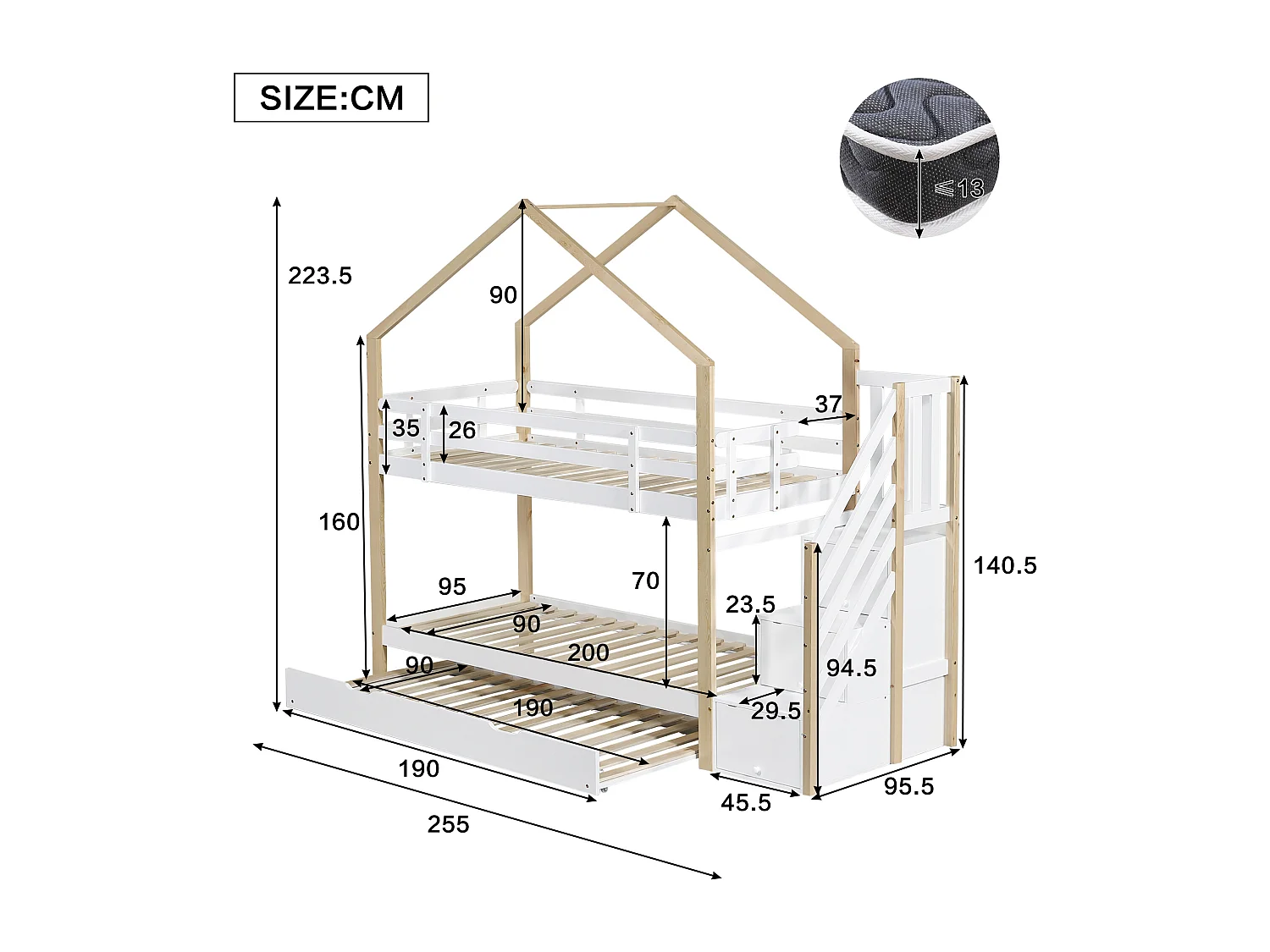 Lit superposé cabane enfant 90x200 cm avec lit gigogne 90x190 cm, escalier 3 tiroirs, barrières de sécurité et sommiers, naturel/blanc
