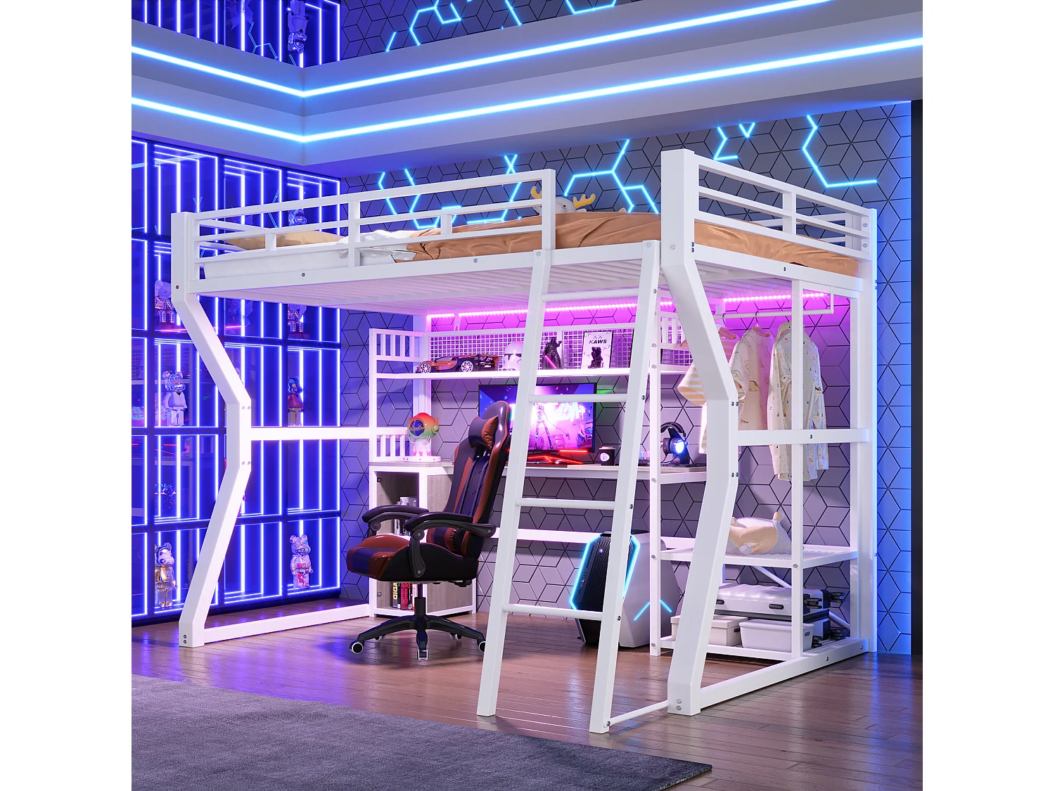 Lit mezzanine métal 140x200 cm blanc avec bureau, LED, prises, penderie, étagères et rangements, sans matelas
