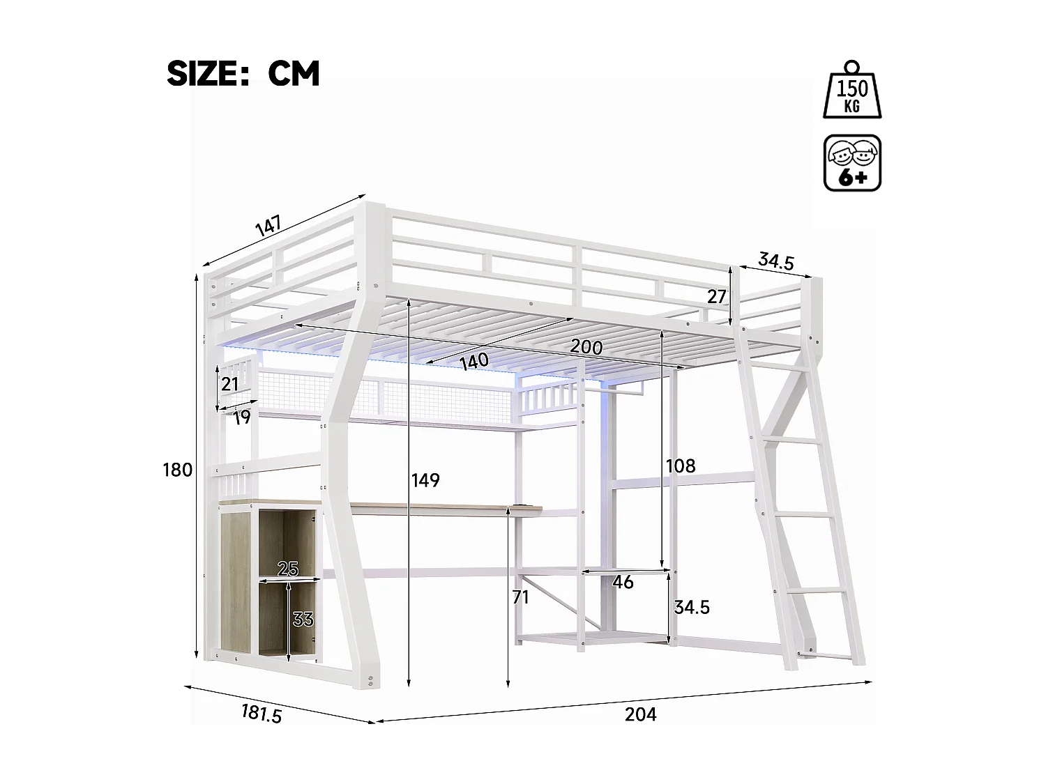 Lit mezzanine métal 140x200 cm blanc avec bureau, LED, prises, penderie, étagères et rangements, sans matelas