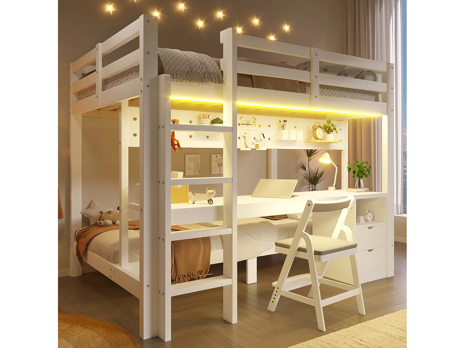 Lit mezzanine en pin 90x200 et 140x200 cm avec bureau, tiroirs, panneau perforé, éclairage LED, sans matelas - Blanc