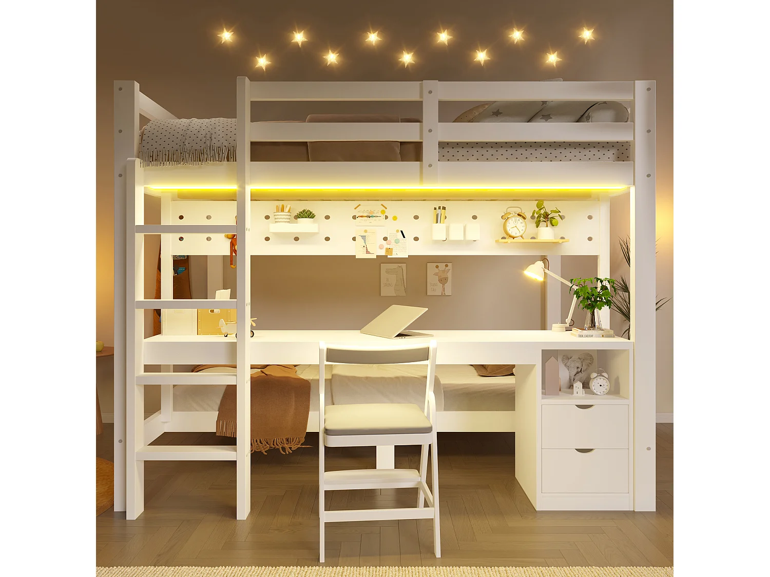 Lit mezzanine en pin 90x200 et 140x200 cm avec bureau, tiroirs, panneau perforé, éclairage LED, sans matelas - Blanc