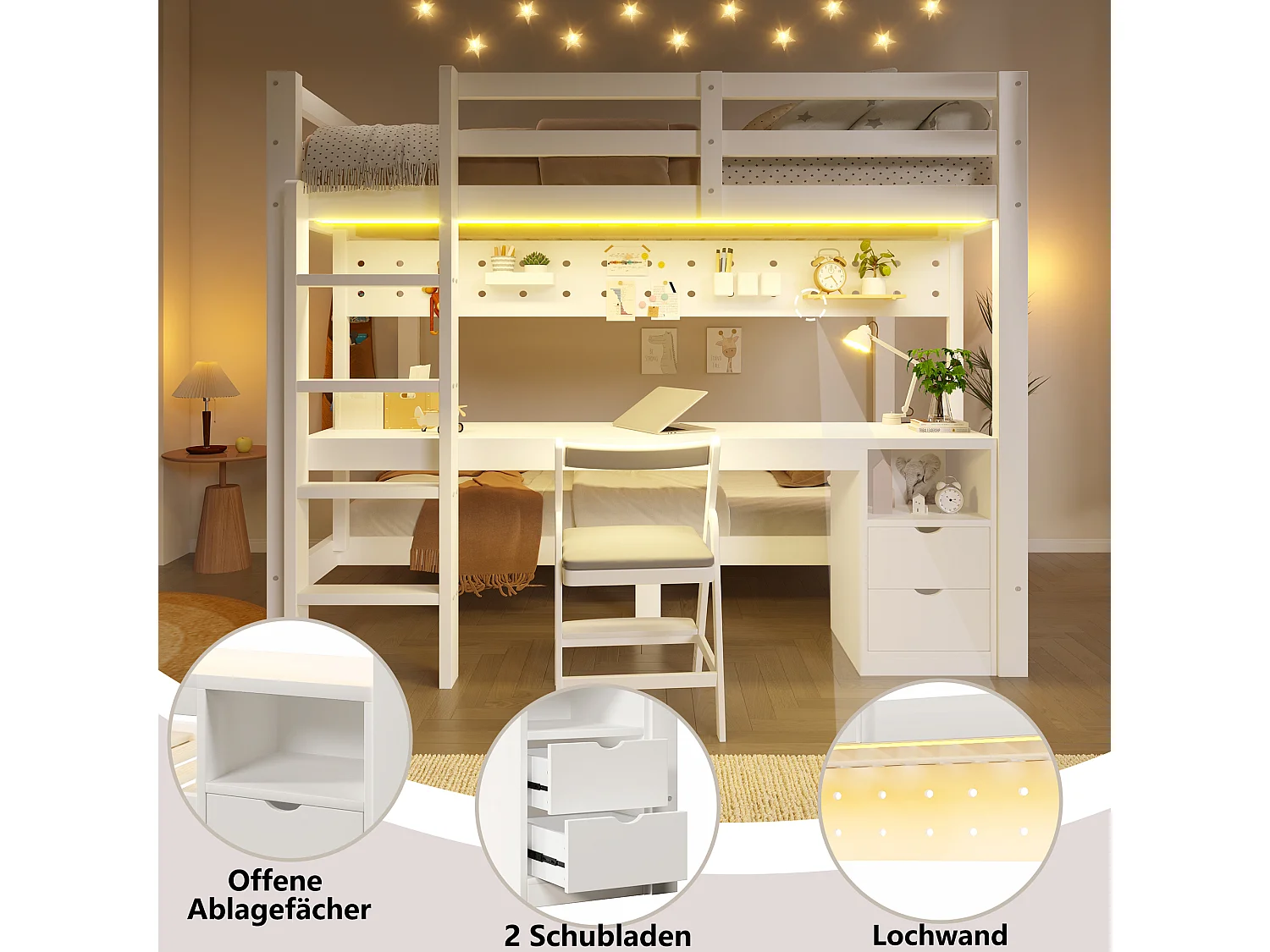 Lit mezzanine en pin 90x200 et 140x200 cm avec bureau, tiroirs, panneau perforé, éclairage LED, sans matelas - Blanc