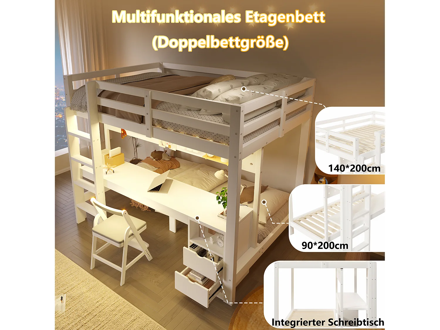 Lit mezzanine en pin 90x200 et 140x200 cm avec bureau, tiroirs, panneau perforé, éclairage LED, sans matelas - Blanc