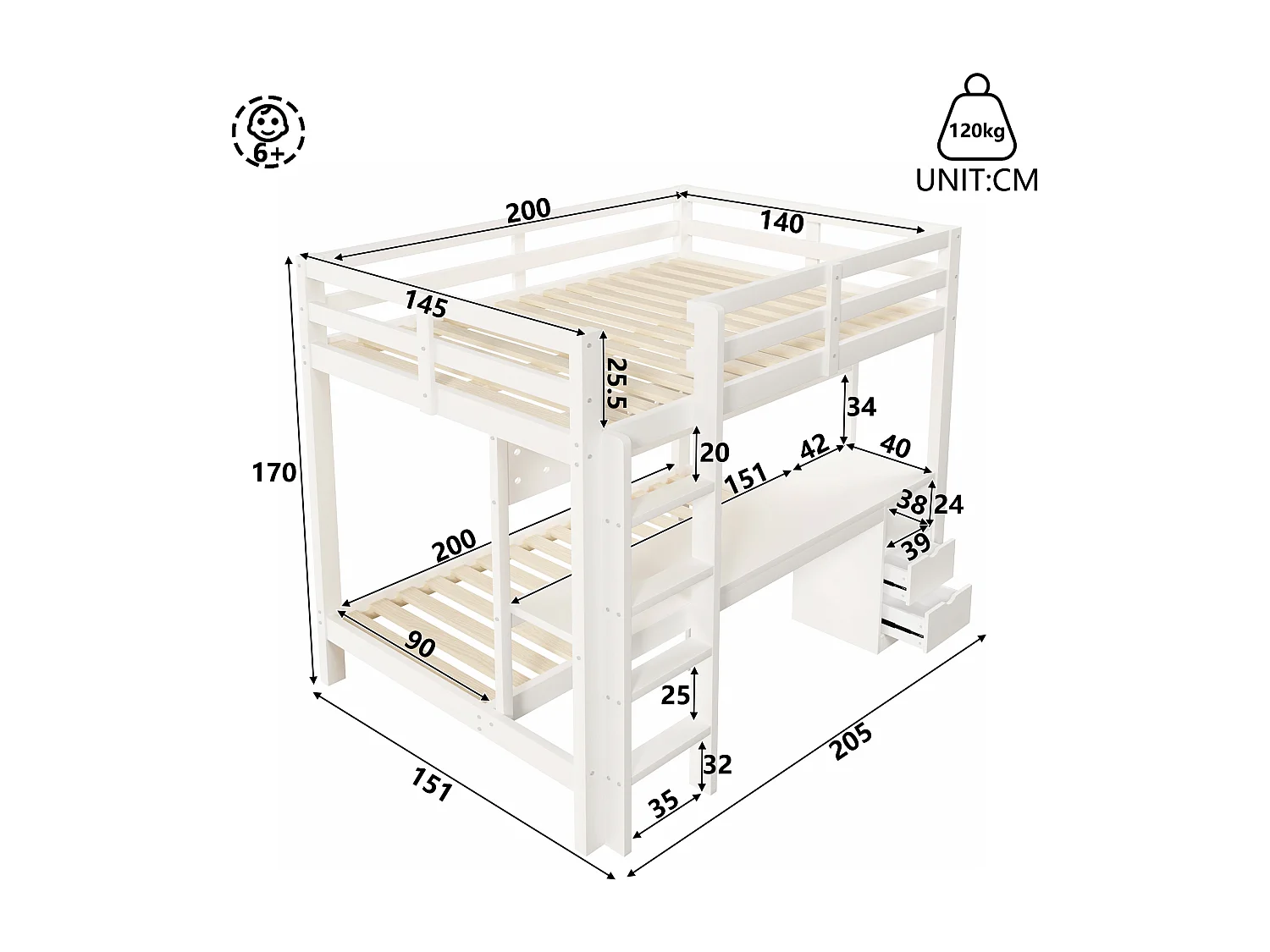 Lit mezzanine en pin 90x200 et 140x200 cm avec bureau, tiroirs, panneau perforé, éclairage LED, sans matelas - Blanc