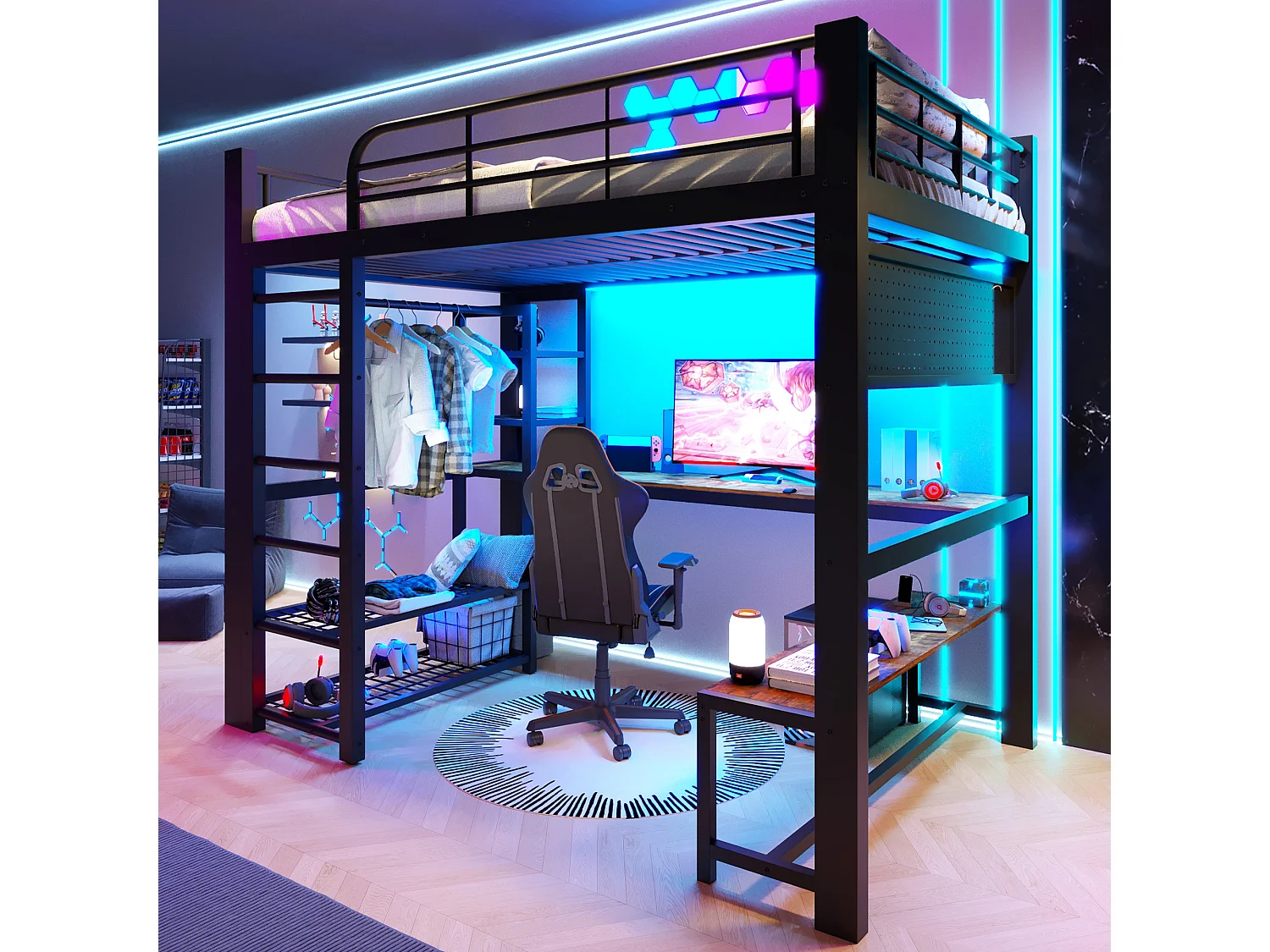 Lit mezzanine 140x200 cm en métal avec LED, étagères, bureau en bois, barre pour sécher le linge, noir