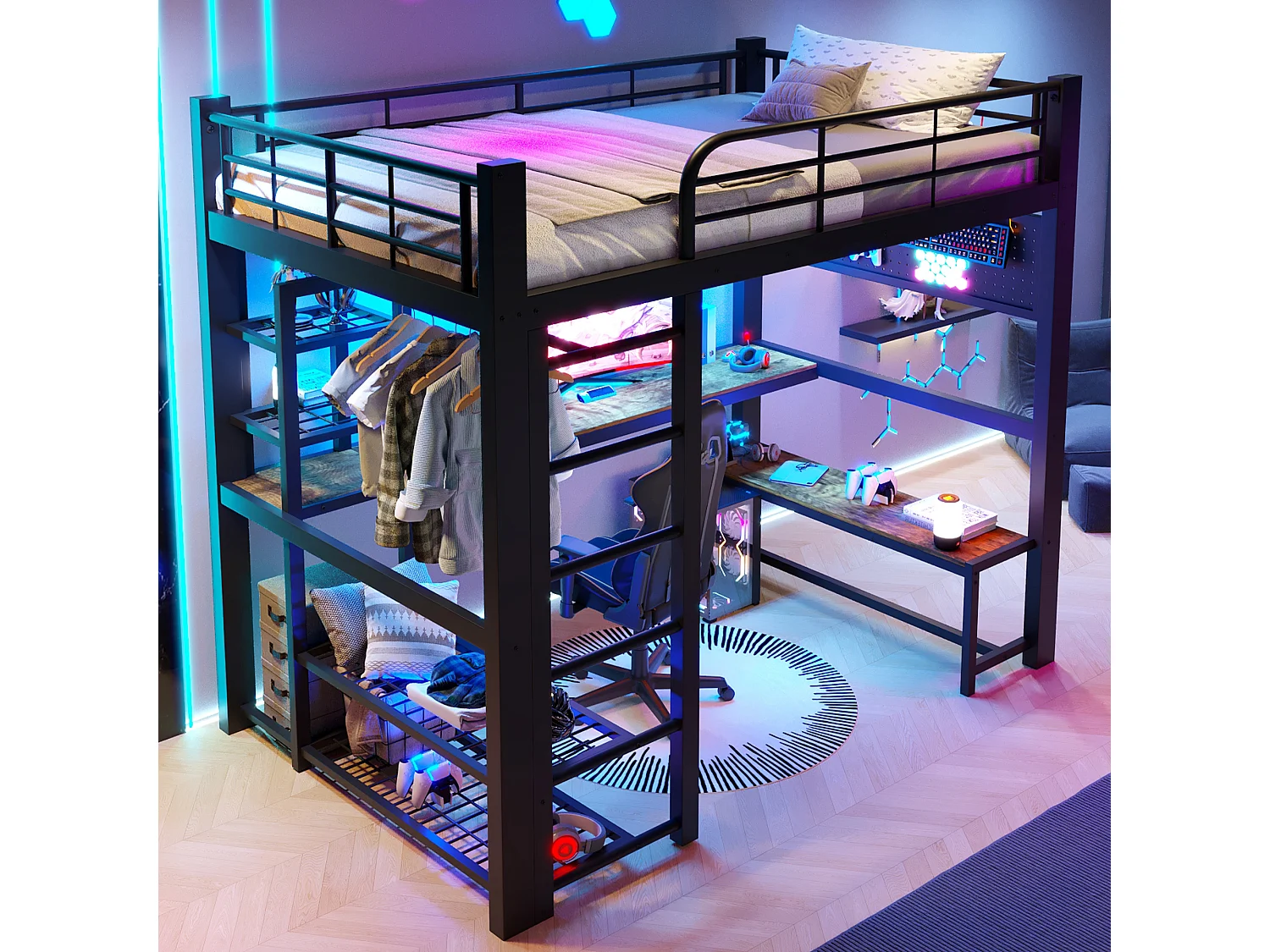 Lit mezzanine 140x200 cm en métal avec LED, étagères, bureau en bois, barre pour sécher le linge, noir