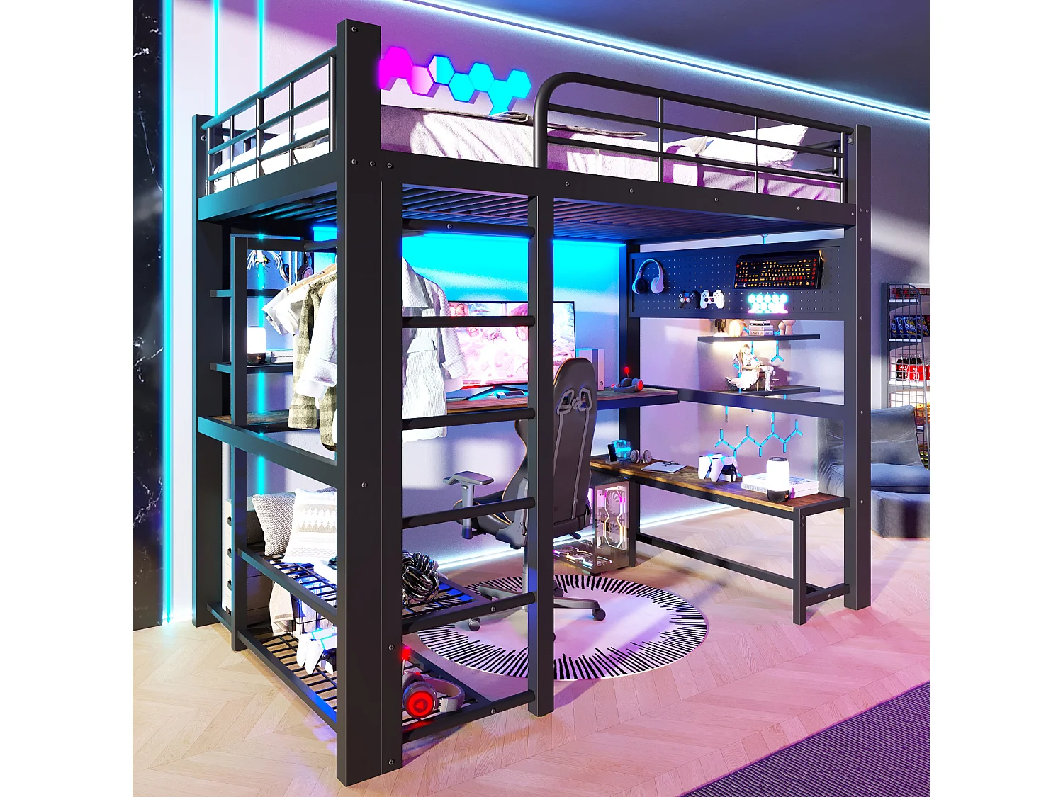 Lit mezzanine 140x200 cm en métal avec LED, étagères, bureau en bois, barre pour sécher le linge, noir