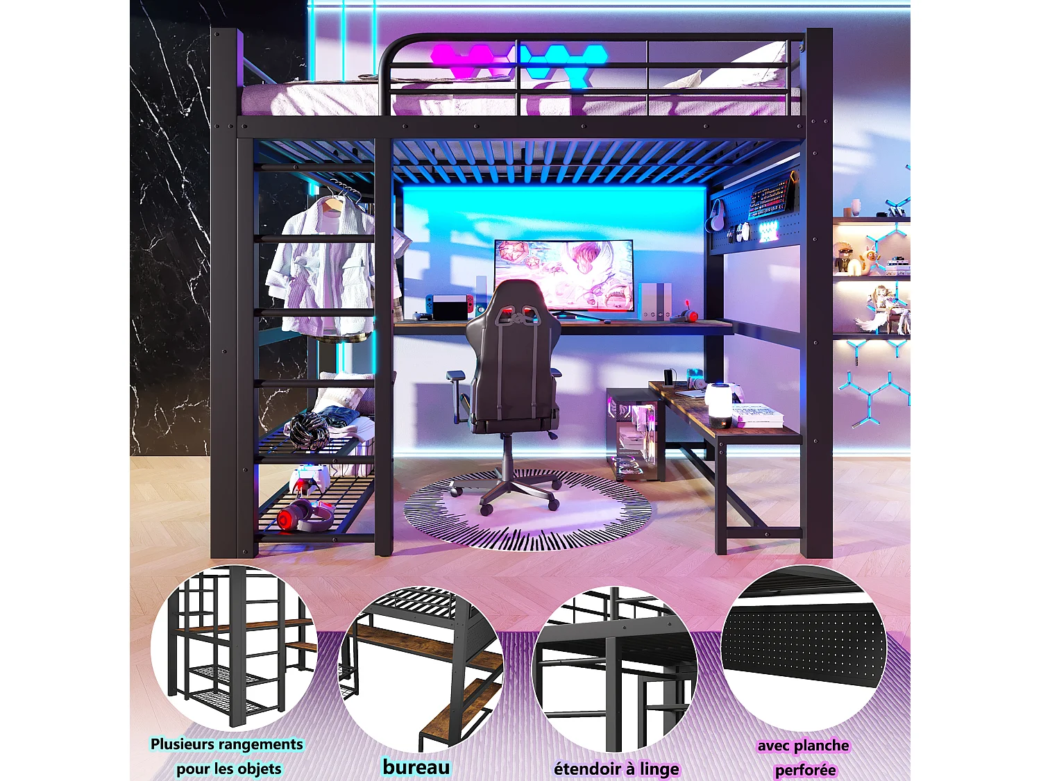Lit mezzanine 140x200 cm en métal avec LED, étagères, bureau en bois, barre pour sécher le linge, noir