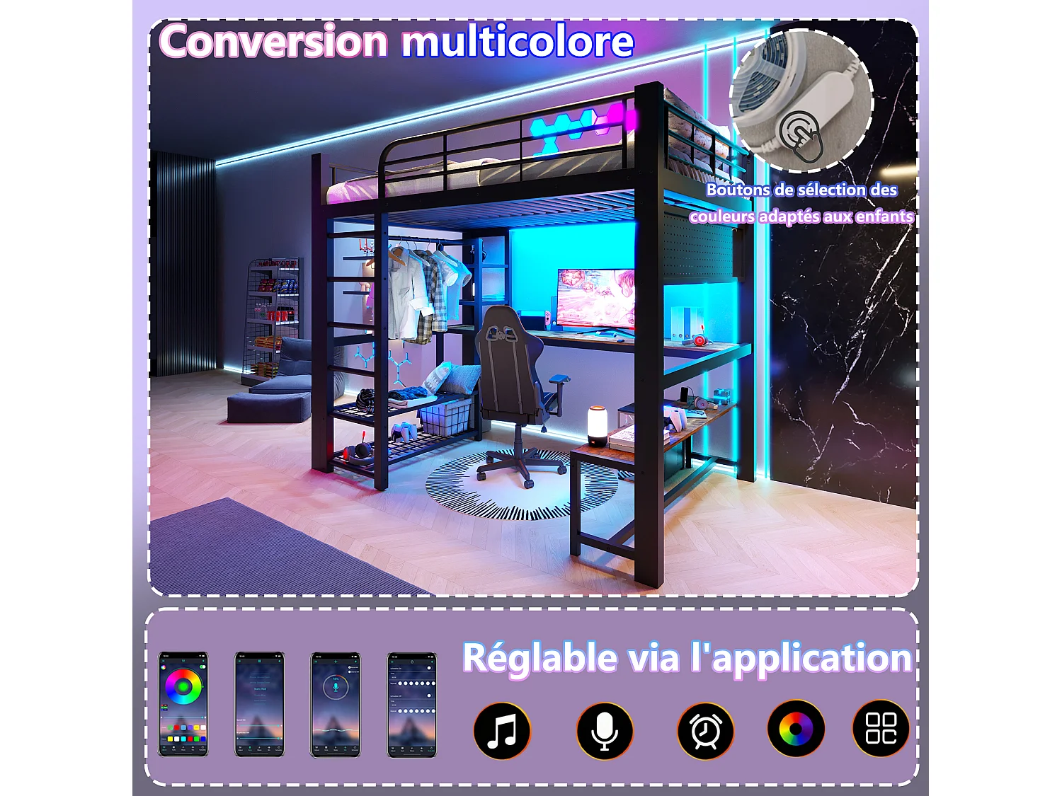 Lit mezzanine 140x200 cm en métal avec LED, étagères, bureau en bois, barre pour sécher le linge, noir