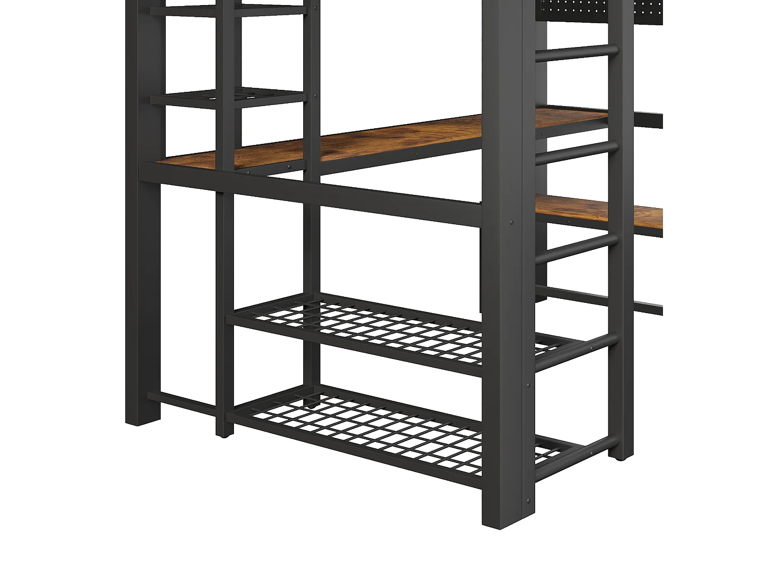 Lit mezzanine 140x200 cm en métal avec LED, étagères, bureau en bois, barre pour sécher le linge, noir