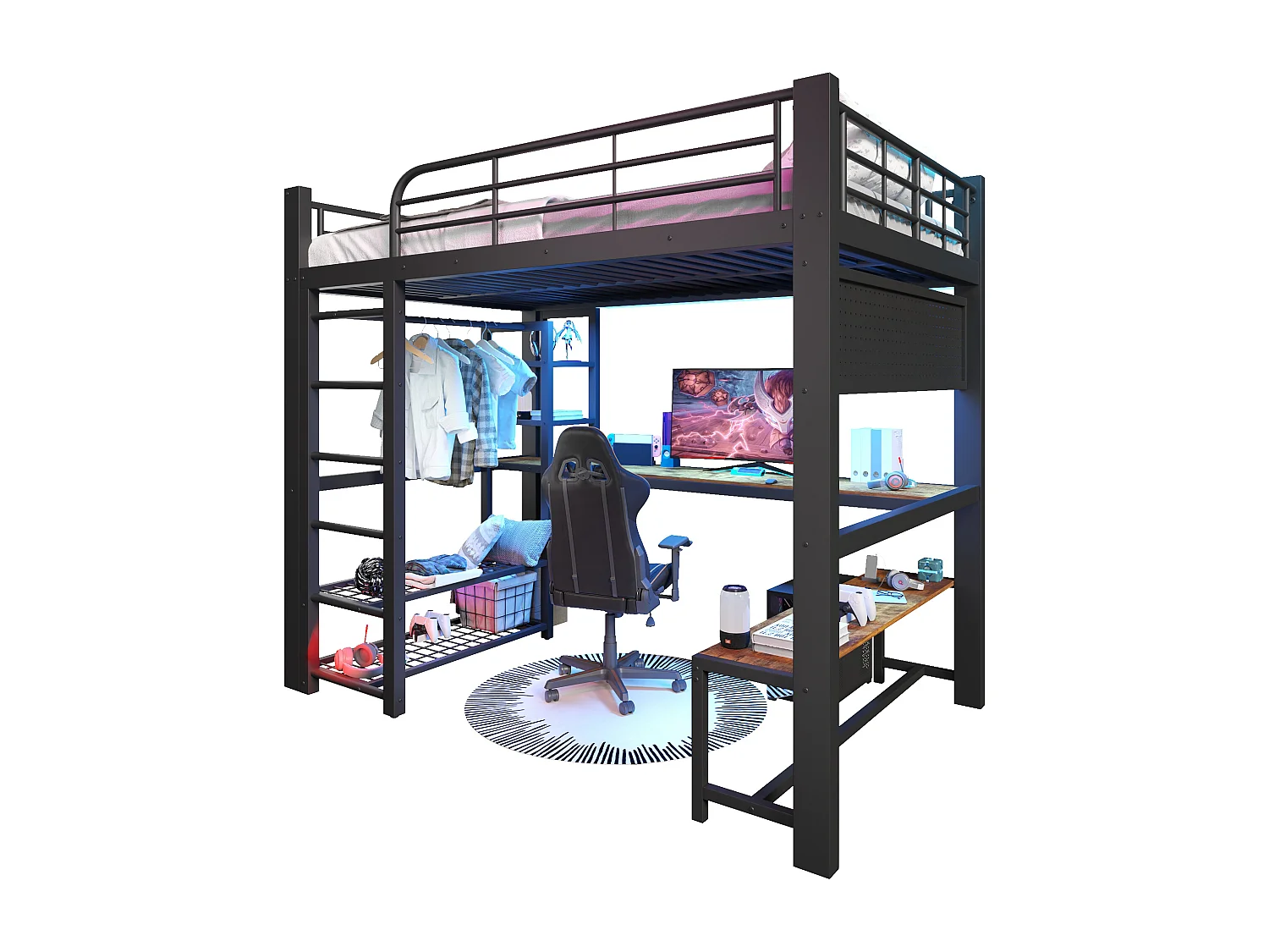 Lit mezzanine 140x200 cm en métal avec LED, étagères, bureau en bois, barre pour sécher le linge, noir