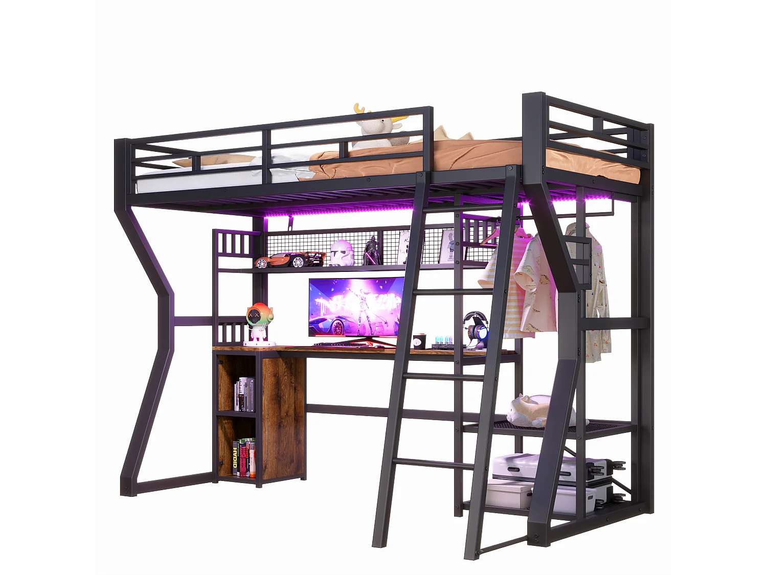 Lit mezzanine métal 90x200 cm noir avec bureau, LED, prises, penderie, étagères et rangements, sans matelas