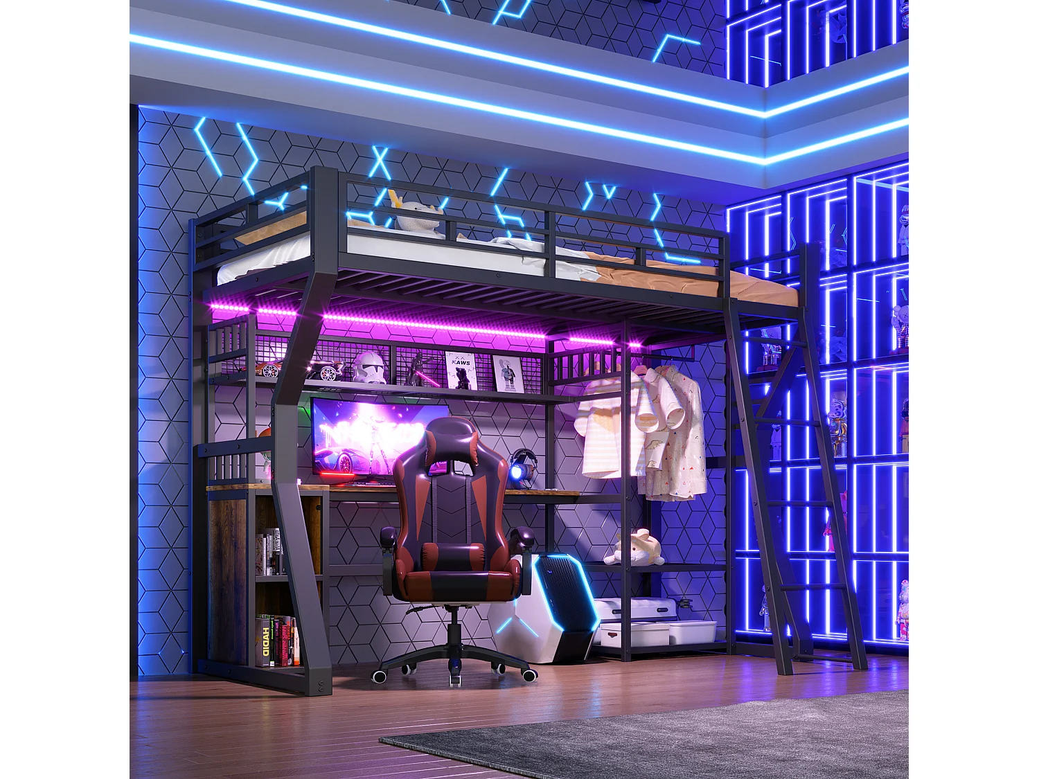 Lit mezzanine métal 90x200 cm noir avec bureau, LED, prises, penderie, étagères et rangements, sans matelas