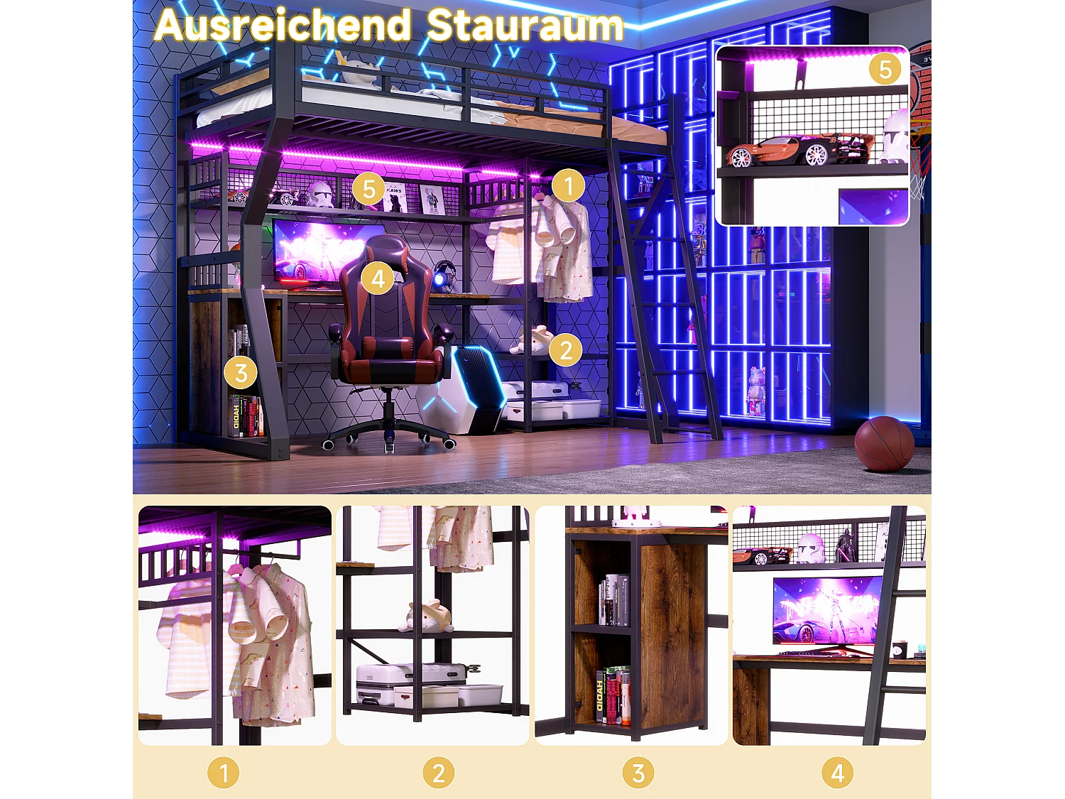 Lit mezzanine métal 90x200 cm noir avec bureau, LED, prises, penderie, étagères et rangements, sans matelas