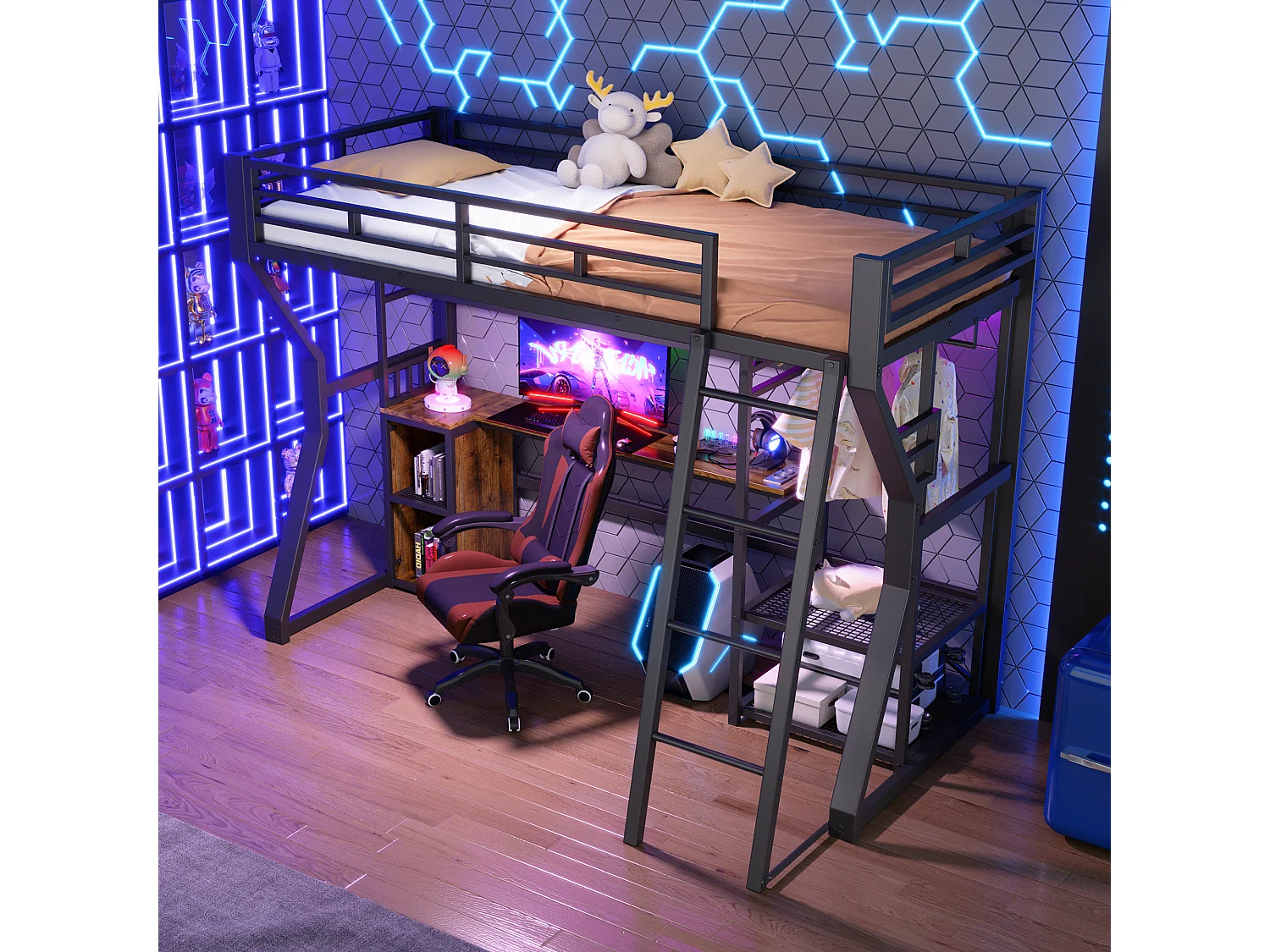 Lit mezzanine métal 90x200 cm noir avec bureau, LED, prises, penderie, étagères et rangements, sans matelas