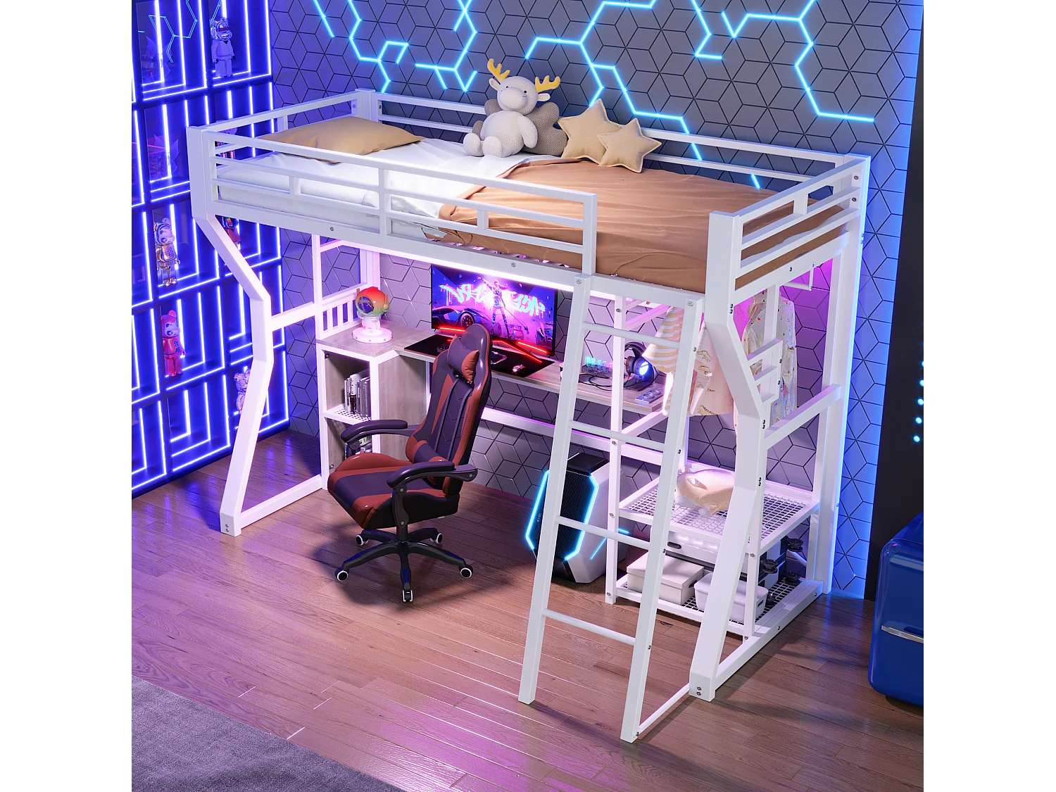 Lit mezzanine métal 90x200 cm blanc avec bureau, LED, prises, penderie, étagères et rangements, sans matelas
