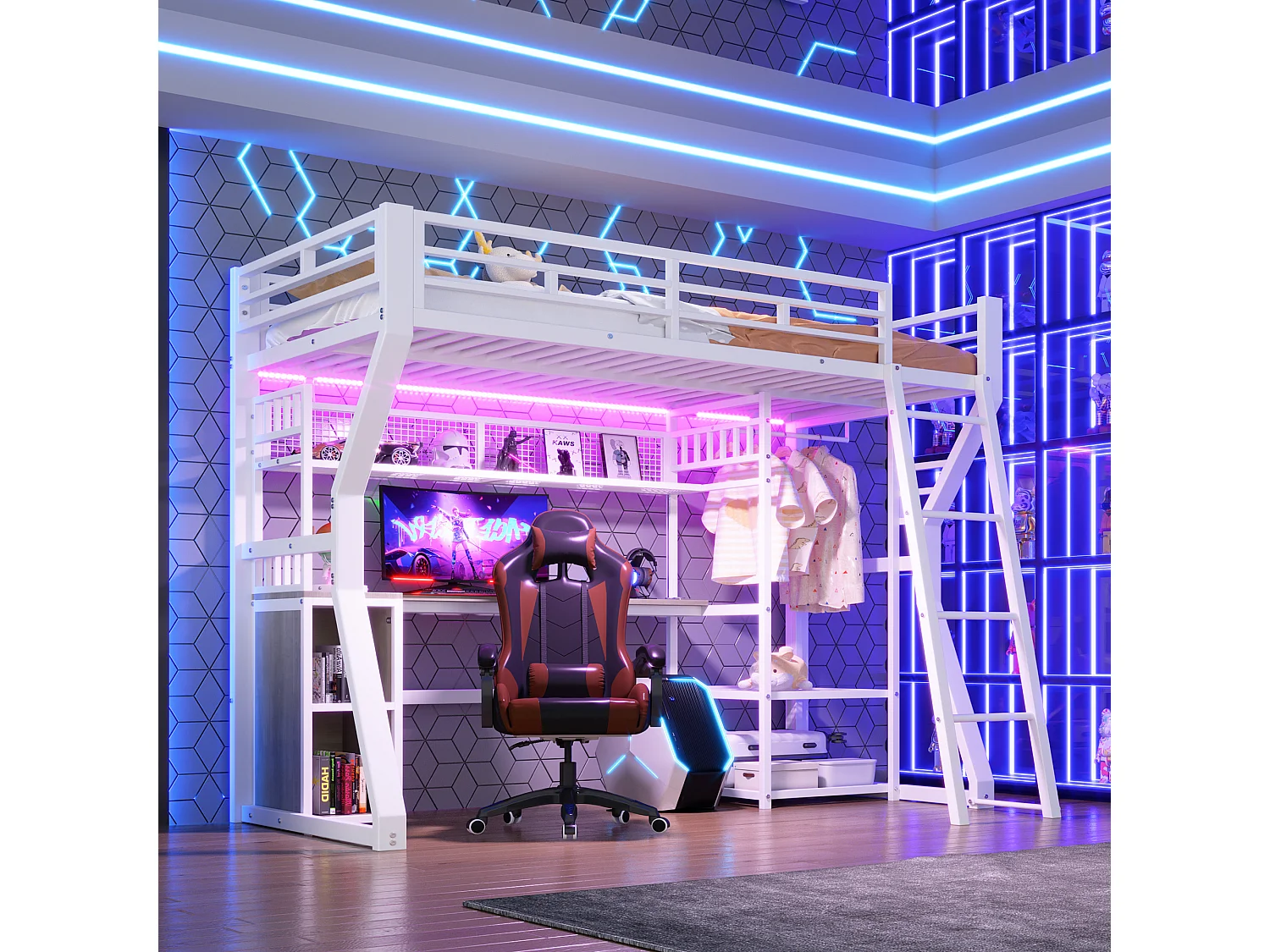 Lit mezzanine métal 90x200 cm blanc avec bureau, LED, prises, penderie, étagères et rangements, sans matelas