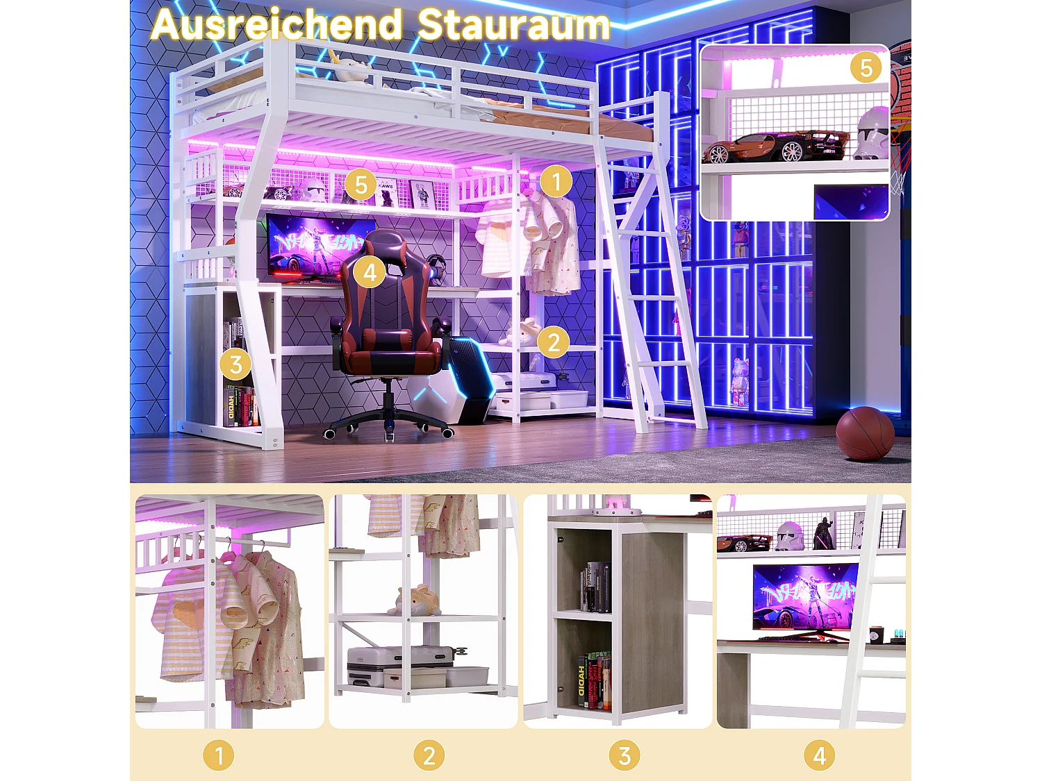 Lit mezzanine métal 90x200 cm blanc avec bureau, LED, prises, penderie, étagères et rangements, sans matelas