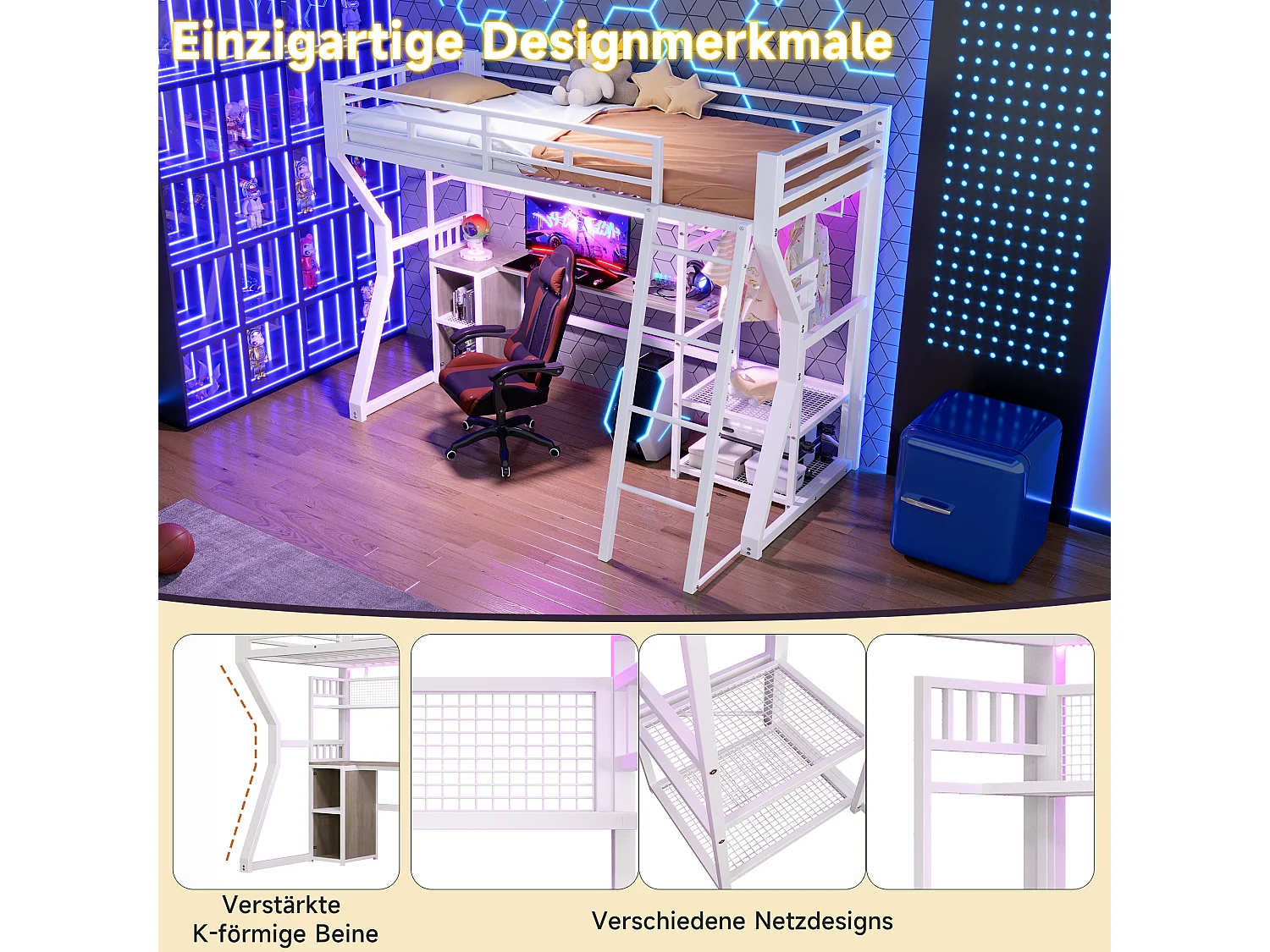 Lit mezzanine métal 90x200 cm blanc avec bureau, LED, prises, penderie, étagères et rangements, sans matelas