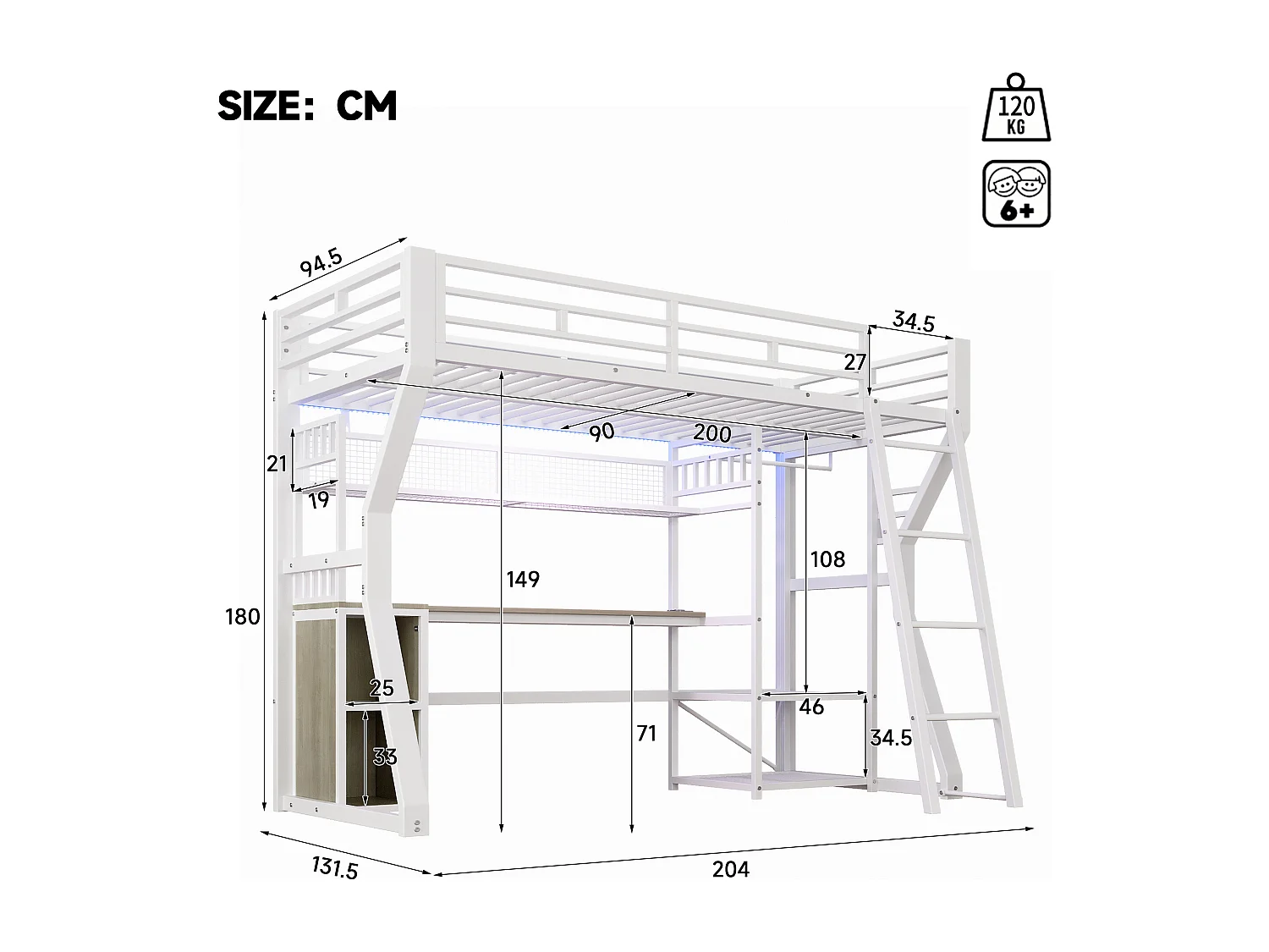 Lit mezzanine métal 90x200 cm blanc avec bureau, LED, prises, penderie, étagères et rangements, sans matelas