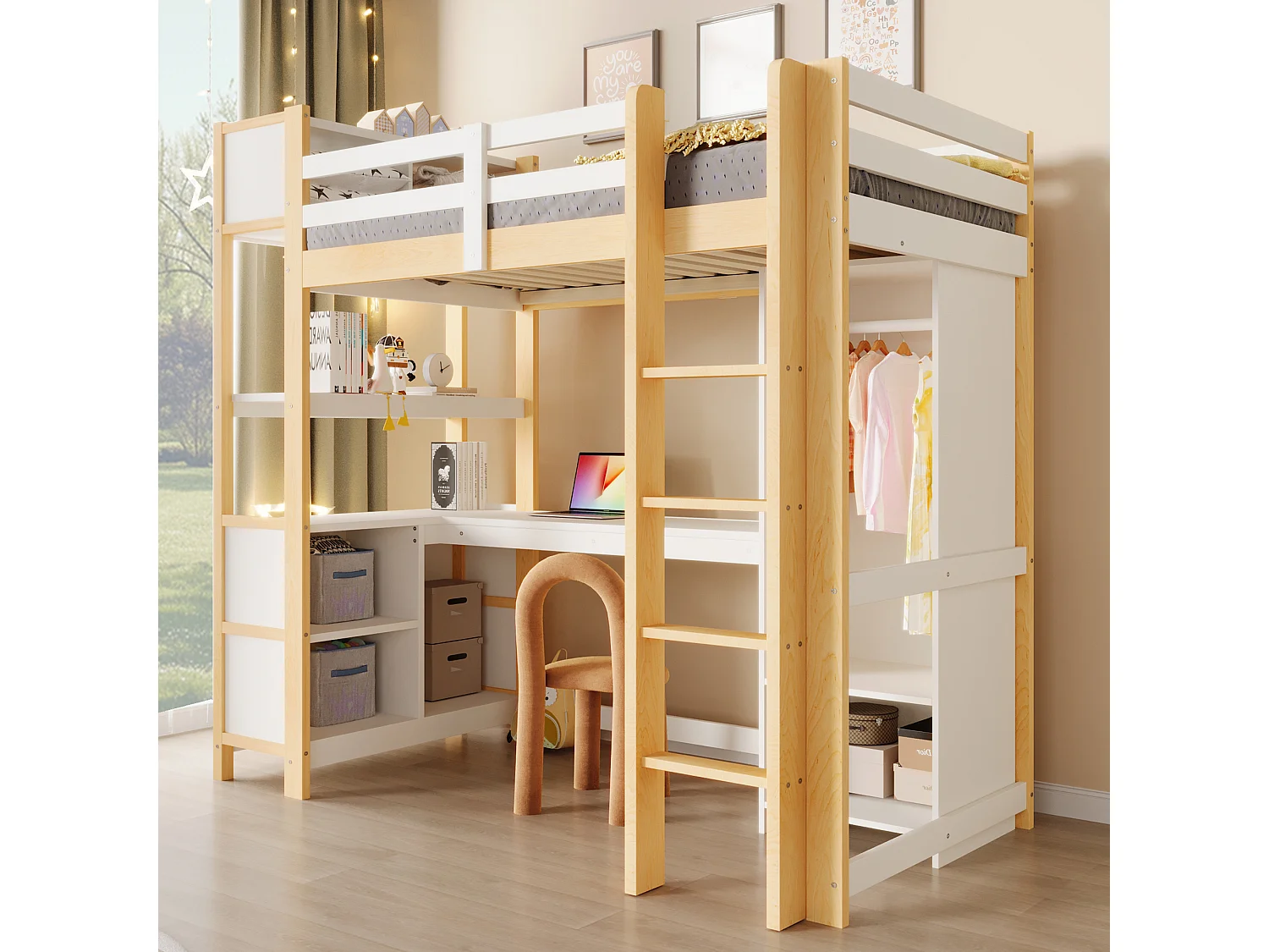 Lit mezzanine 90x200 cm naturel avec bureau, armoire, étagères et rangements multiples, sans matelas