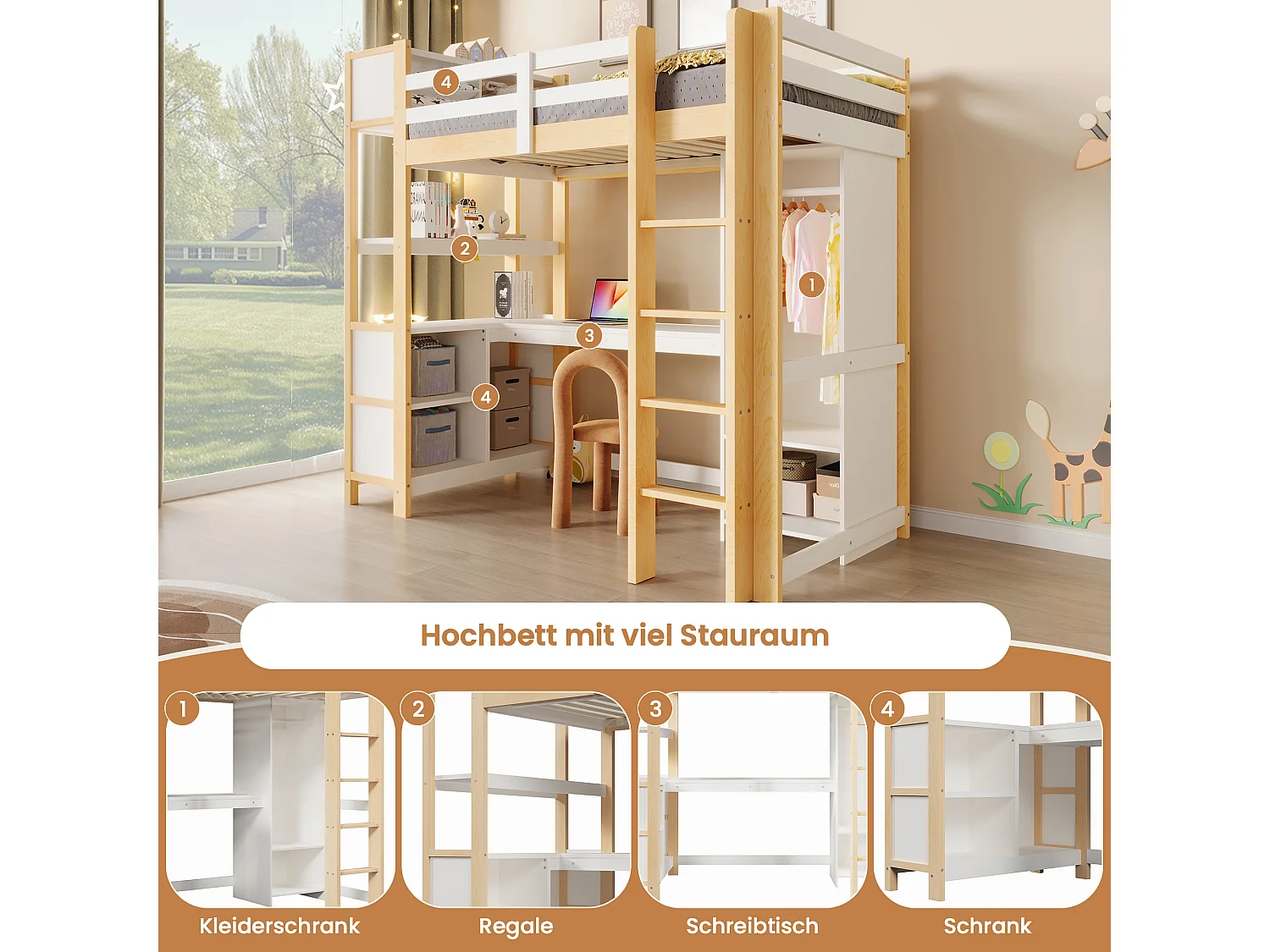 Lit mezzanine 90x200 cm naturel avec bureau, armoire, étagères et rangements multiples, sans matelas