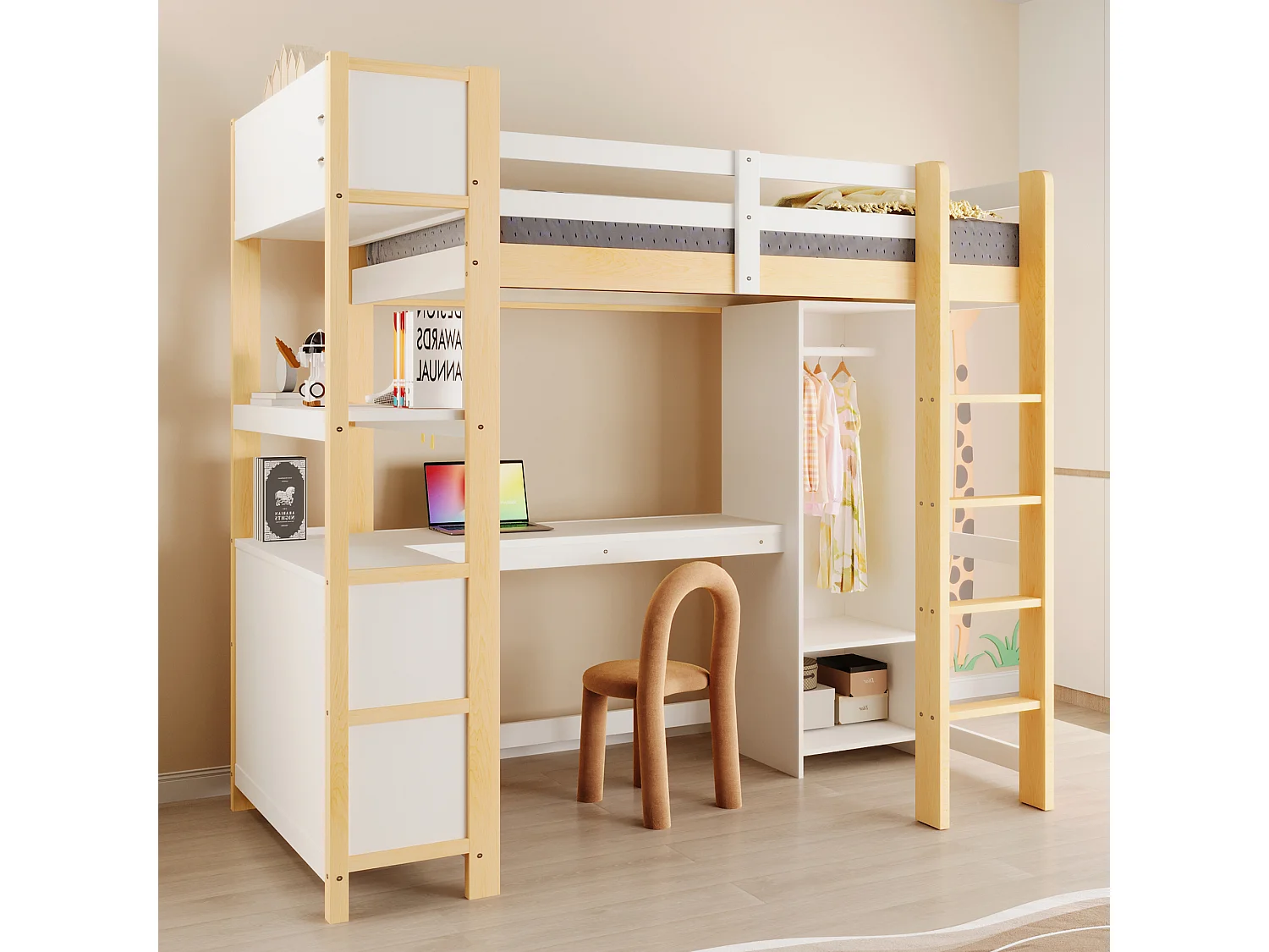 Lit mezzanine 90x200 cm naturel avec bureau, armoire, étagères et rangements multiples, sans matelas