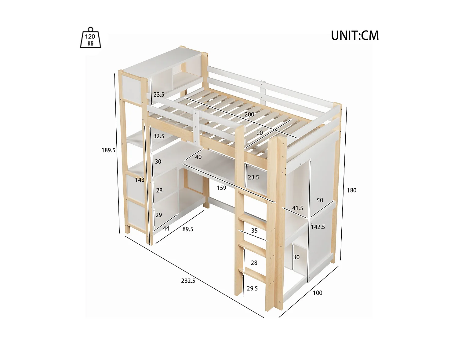 Lit mezzanine 90x200 cm naturel avec bureau, armoire, étagères et rangements multiples, sans matelas