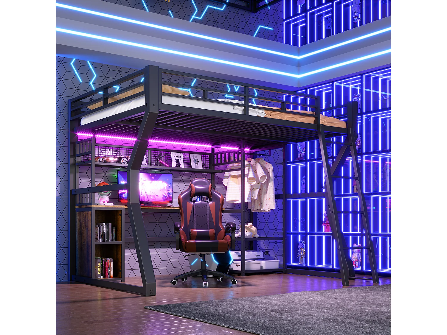 Lit mezzanine métal 140x200 cm noir avec bureau, LED, prises, penderie, étagères et rangements, sans matelas