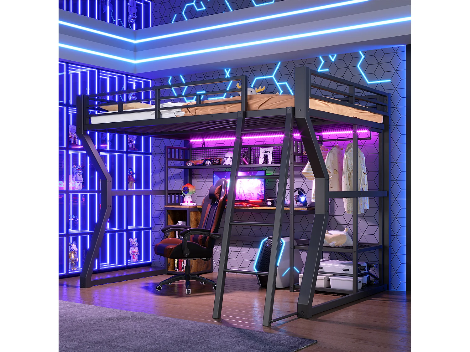 Lit mezzanine métal 140x200 cm noir avec bureau, LED, prises, penderie, étagères et rangements, sans matelas
