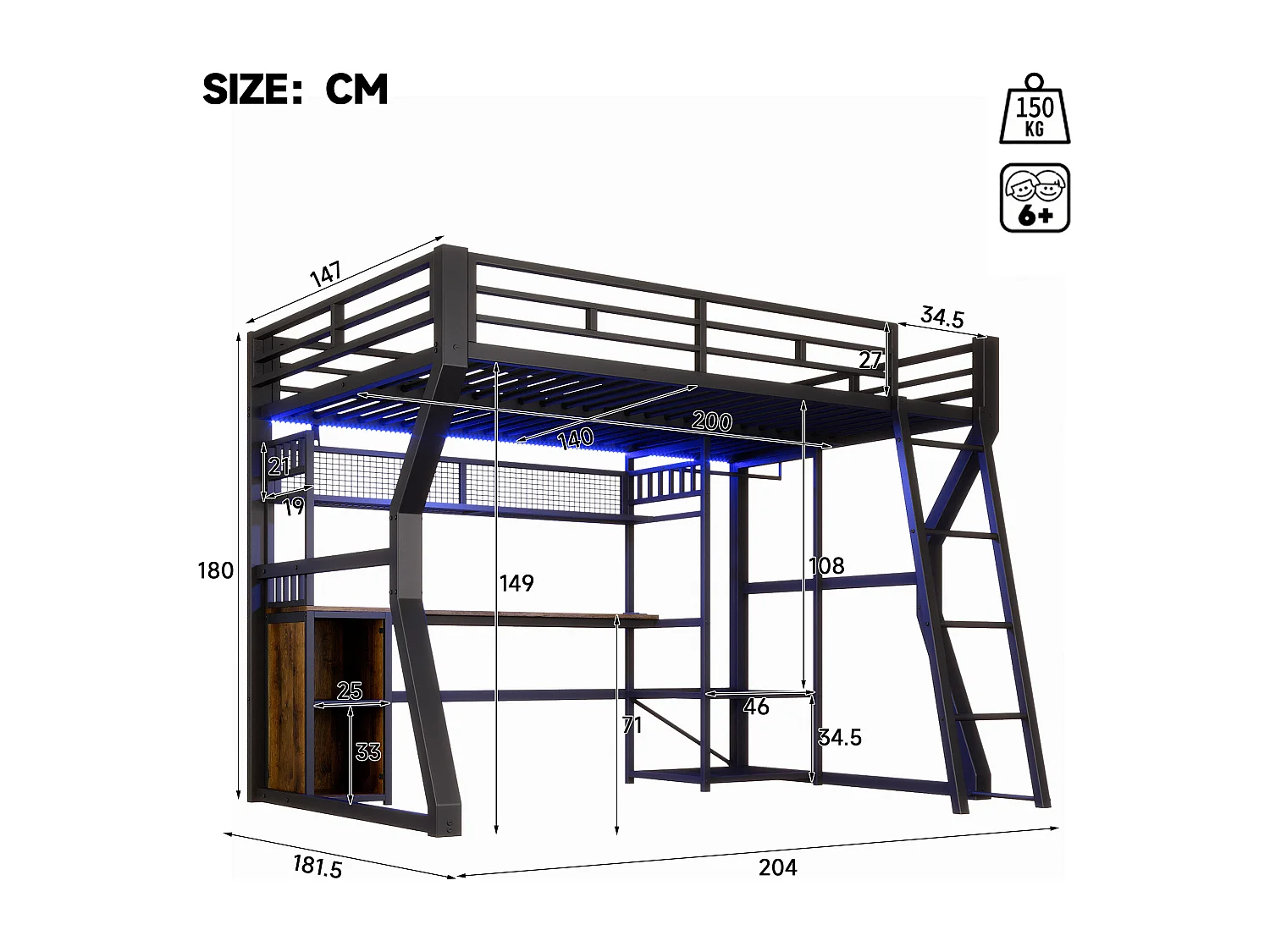 Lit mezzanine métal 140x200 cm noir avec bureau, LED, prises, penderie, étagères et rangements, sans matelas