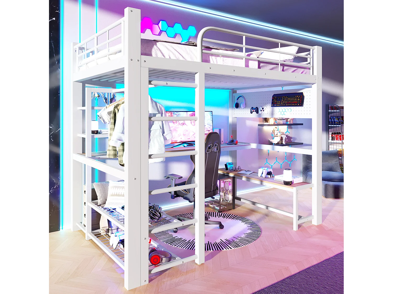 Lit mezzanine 140x200 cm en métal avec LED, étagères, bureau en bois, barre pour sécher le linge, blanc