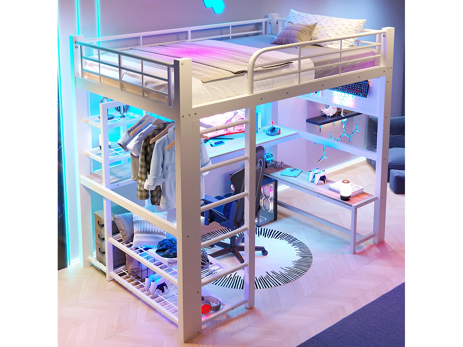 Lit mezzanine 140x200 cm en métal avec LED, étagères, bureau en bois, barre pour sécher le linge, blanc