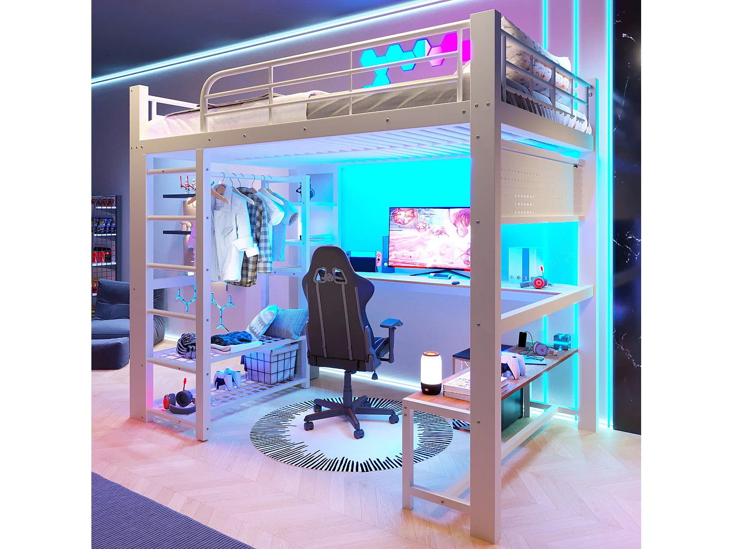 Lit mezzanine 140x200 cm en métal avec LED, étagères, bureau en bois, barre pour sécher le linge, blanc