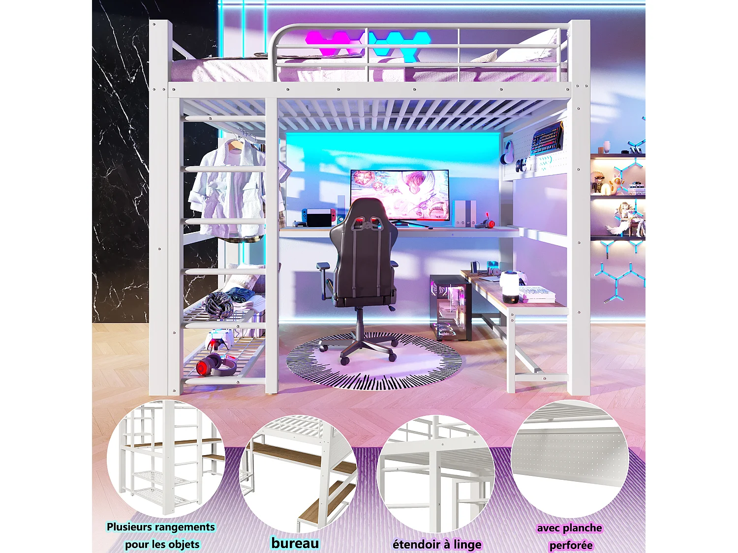 Lit mezzanine 140x200 cm en métal avec LED, étagères, bureau en bois, barre pour sécher le linge, blanc