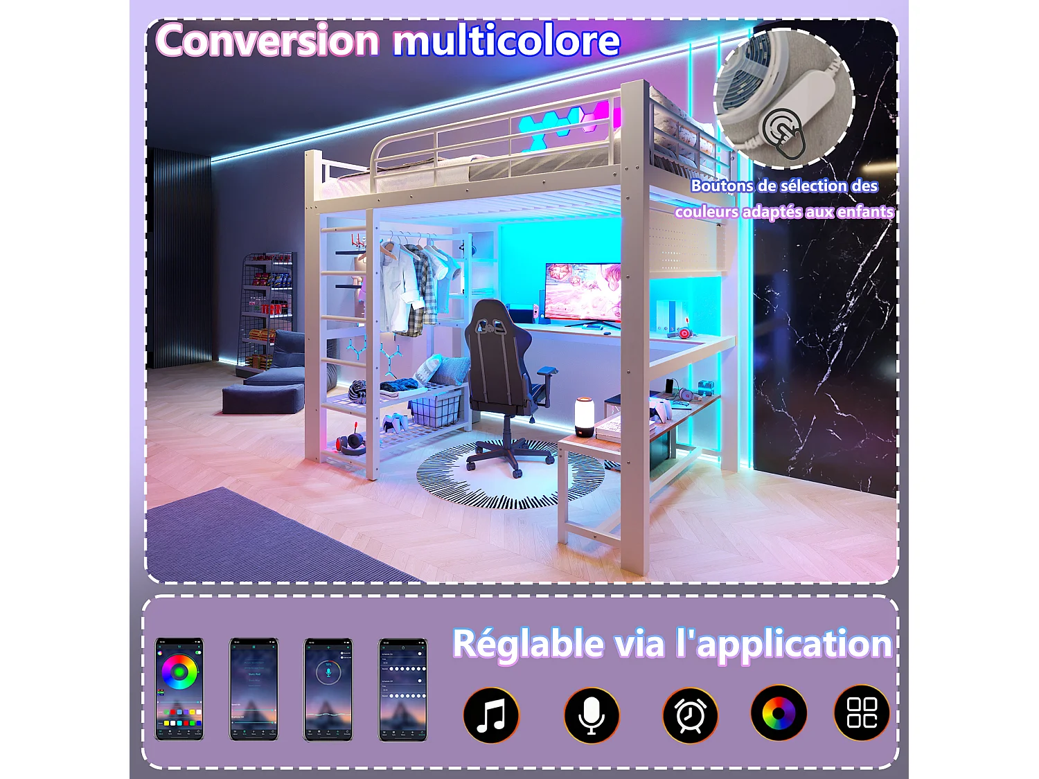 Lit mezzanine 140x200 cm en métal avec LED, étagères, bureau en bois, barre pour sécher le linge, blanc