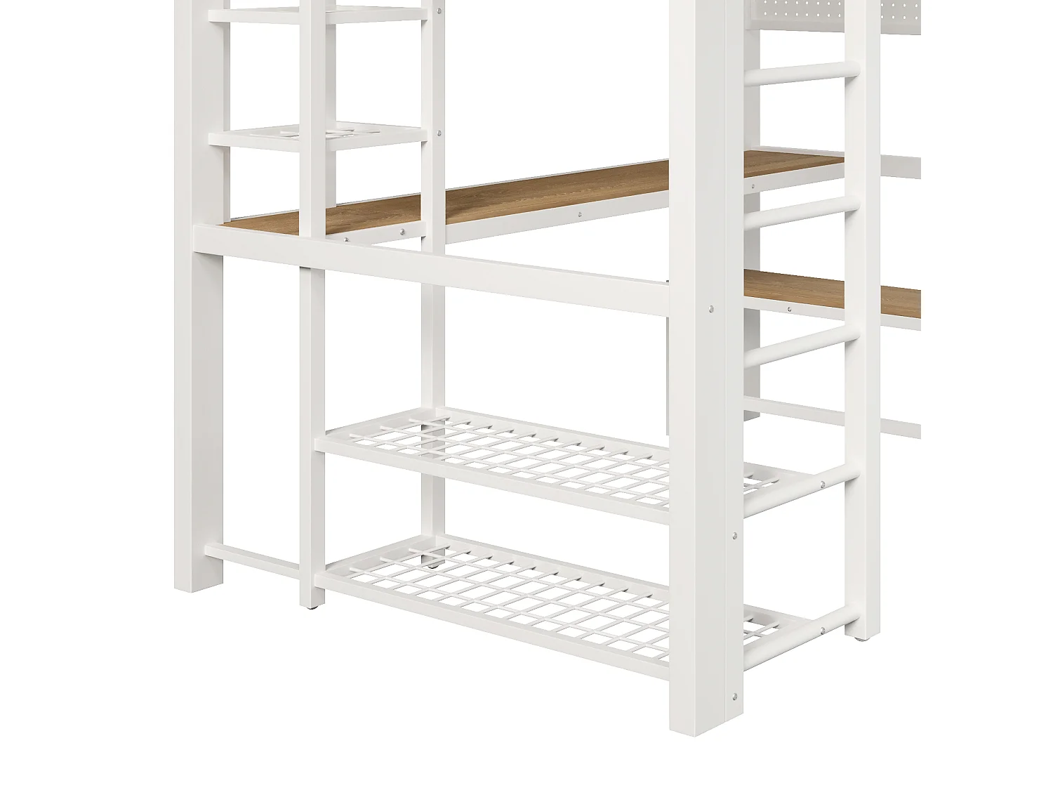 Lit mezzanine 140x200 cm en métal avec LED, étagères, bureau en bois, barre pour sécher le linge, blanc